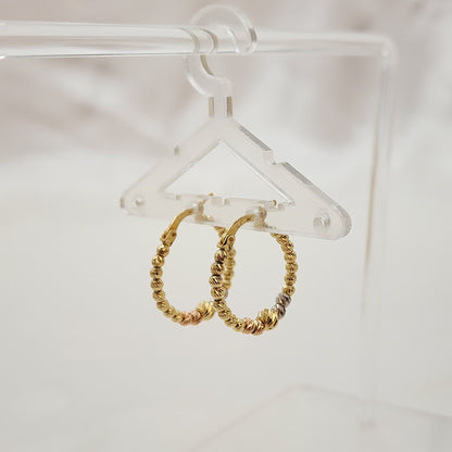 Shiny Solid 14k Tri-color Gold Diamond Cut Beaded Hoop Earrings - 24mm & 21mm - Modern And Unique 14k Jewelry