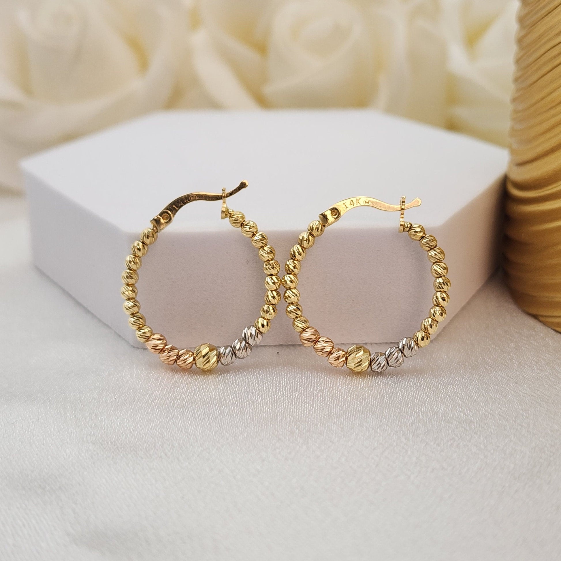 Shiny Solid 14k Tri-color Gold Diamond Cut Beaded Hoop Earrings - 24mm & 21mm - Modern And Unique 14k Jewelry