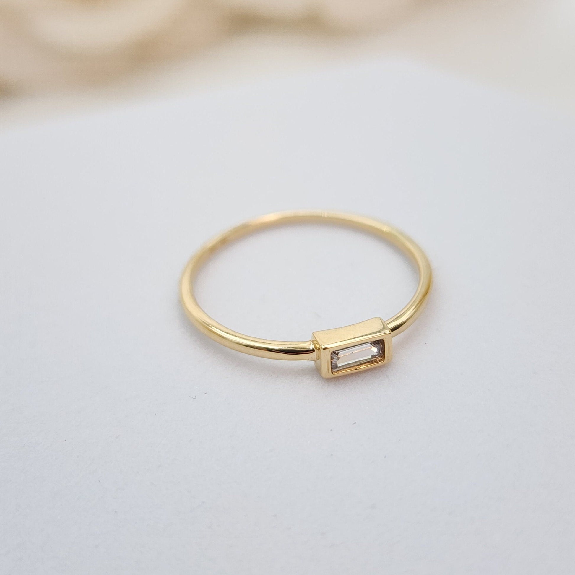 Solid 14k Gold Dainty Baguette CZ Ring - Minimalist Dainty Ring For Her - Elegant & Versatile