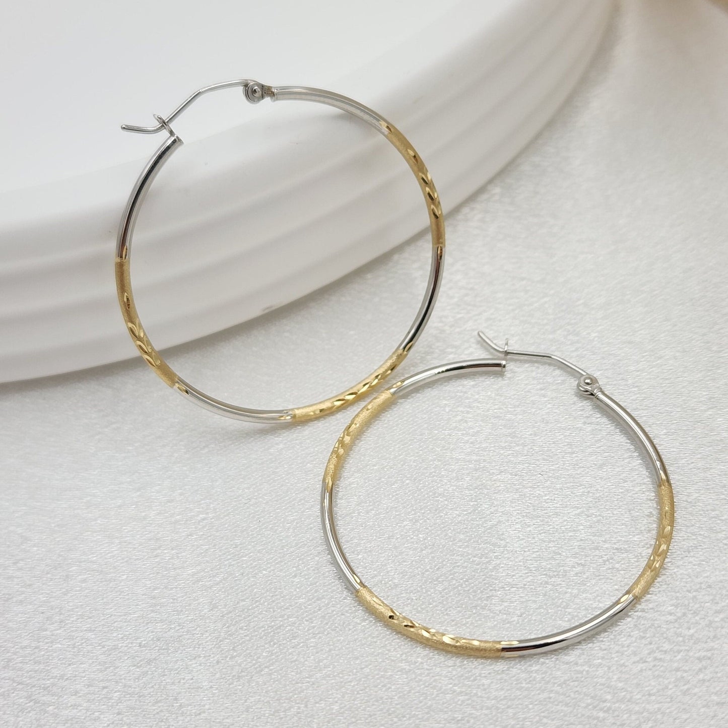 14k Gold 2 Tones 1.5MM Hoop Earrings - 35MM - Light & Elegant - Perfect For Her