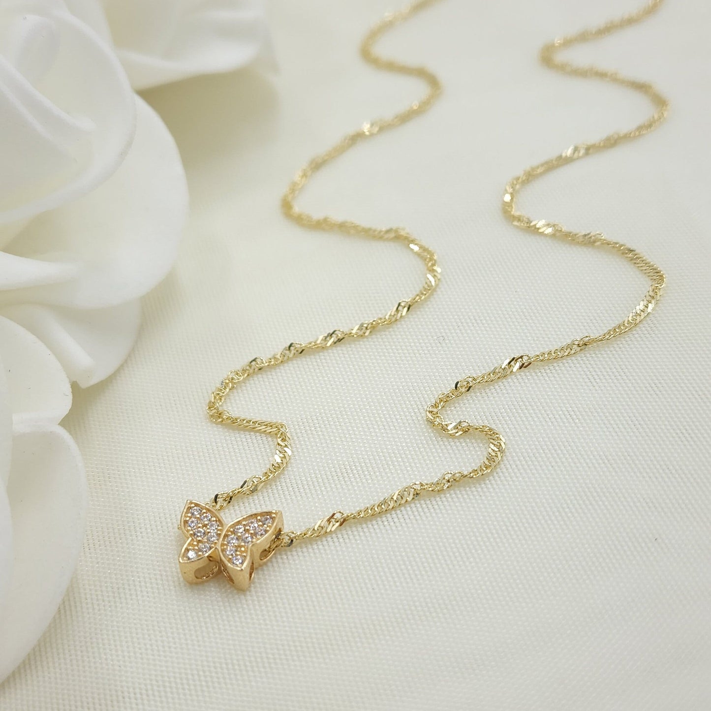 Adorable 14K Gold Butterfly CZ Necklace - 16" to 24" - 1.5MM - Fine Jewelry