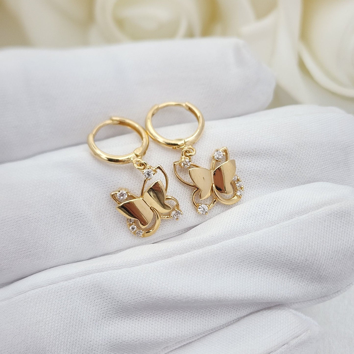 Solid 14k Gold Hanging Butterfly Huggies Earrings - Adorable & Everlasting - Perfect Gift For Her - 10mm hoop