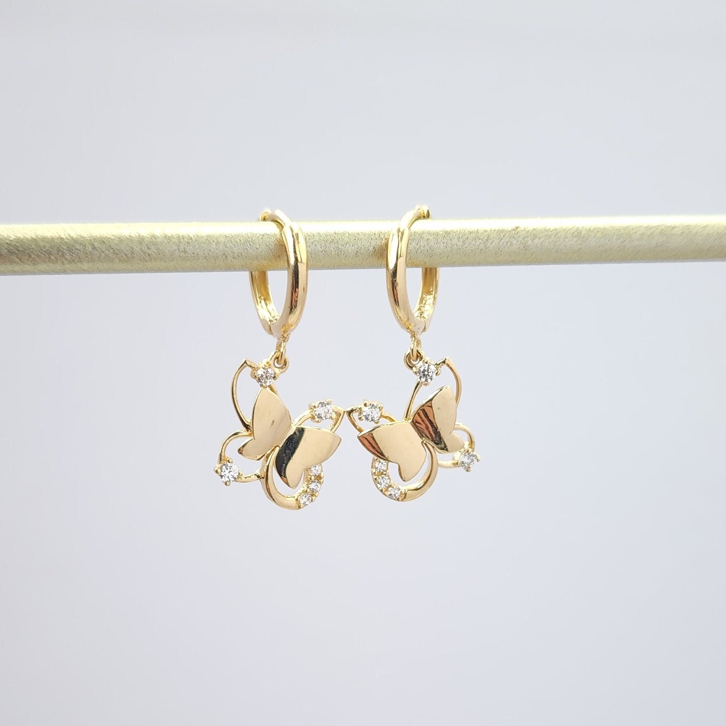 Solid 14k Gold Hanging Butterfly Huggies Earrings - Adorable & Everlasting - Perfect Gift For Her - 10mm hoop