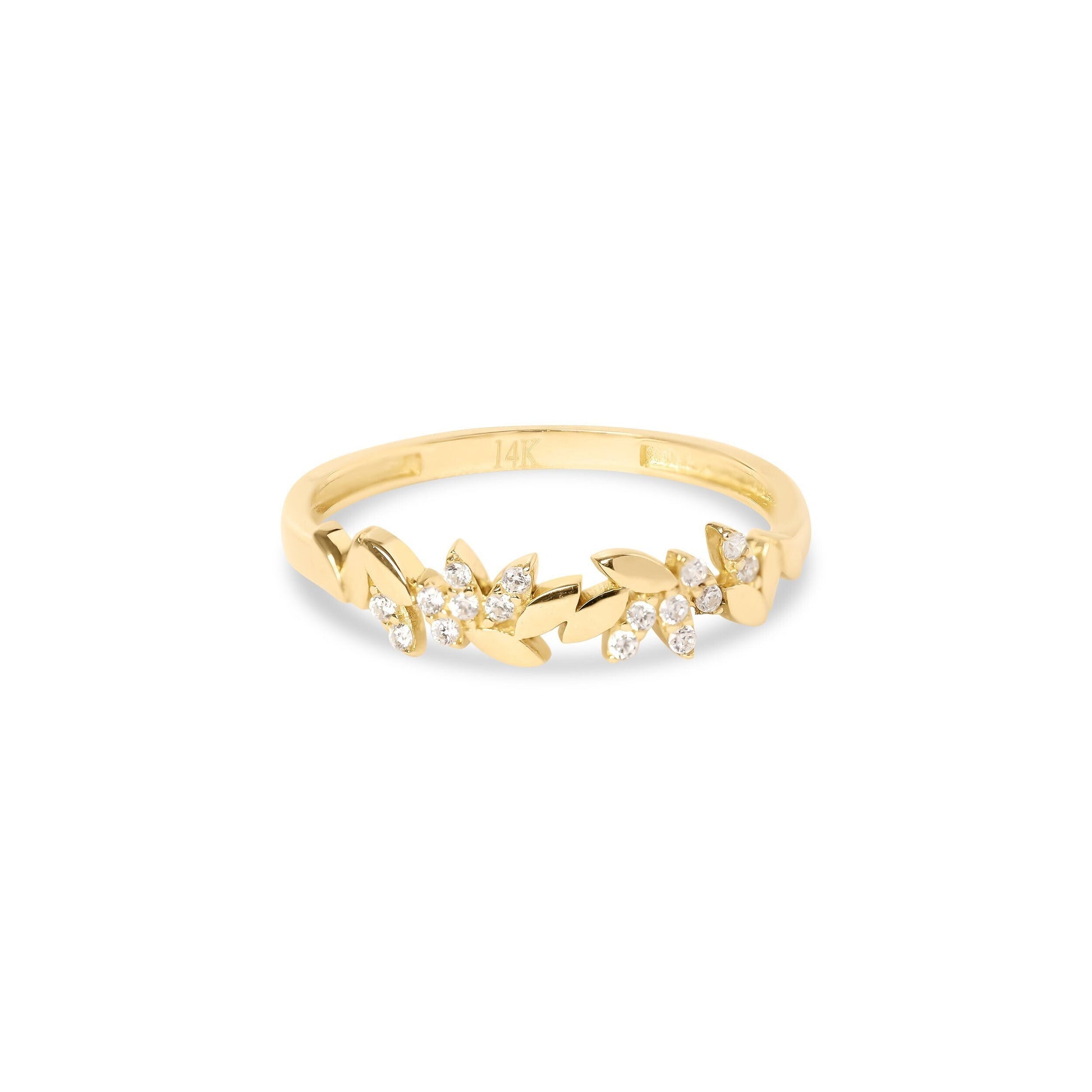 Solid 14K Gold Leaves CZ Ring - Dainty 14k Gold Band - Shiny & Modern - Perfect Gift For Her