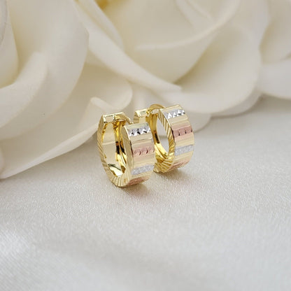 Solid 14k Gold Tricolor Diamond Cut Huggie Earrings - 14mm - 5mm Thick - Shiny - Perfect for Girls and women