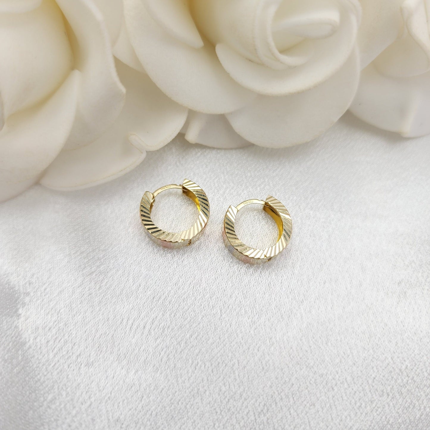 Solid 14k Gold Tricolor Diamond Cut Huggie Earrings - 14mm - 5mm Thick - Shiny - Perfect for Girls and women