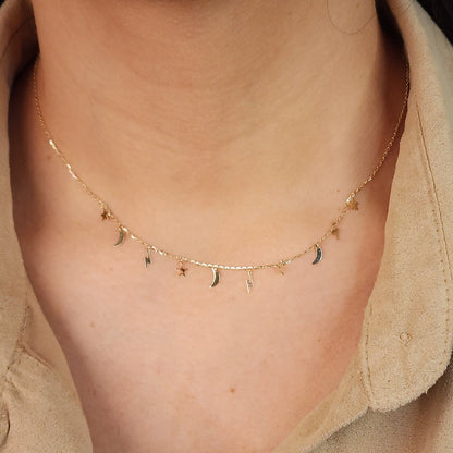 Solid 14k Gold Dainty Star & Moon Necklace - Fully Adjustable - 18 Inches - Minimalist and Elegant