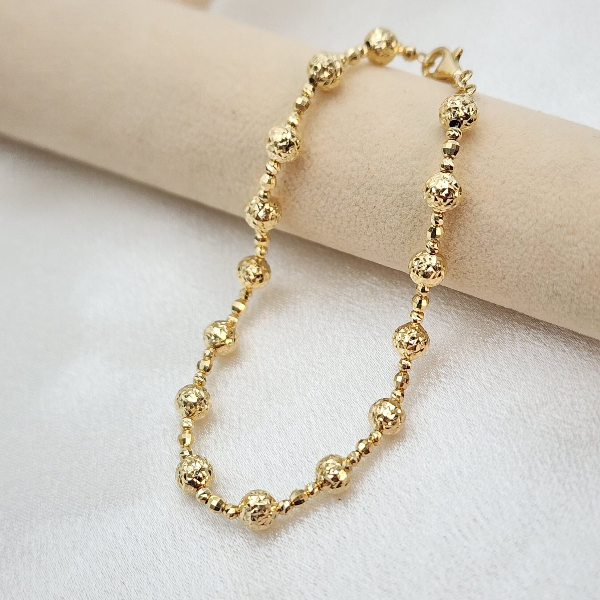 REAL 14k Tricolor/Yellow Gold Bead Diamond Cut Bracelet - 7.5 Inches - 5mm - Perfect Gift