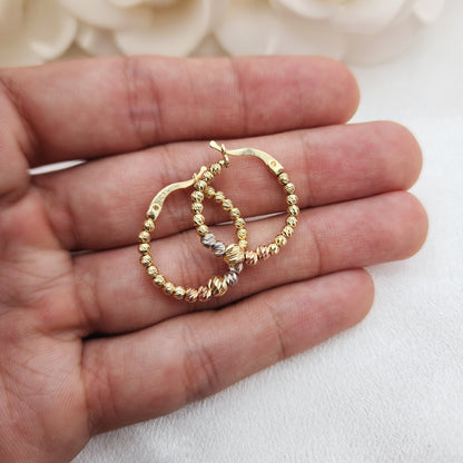 Shiny Solid 14k Tri-color Gold Diamond Cut Beaded Hoop Earrings - 24mm & 21mm - Modern And Unique 14k Jewelry