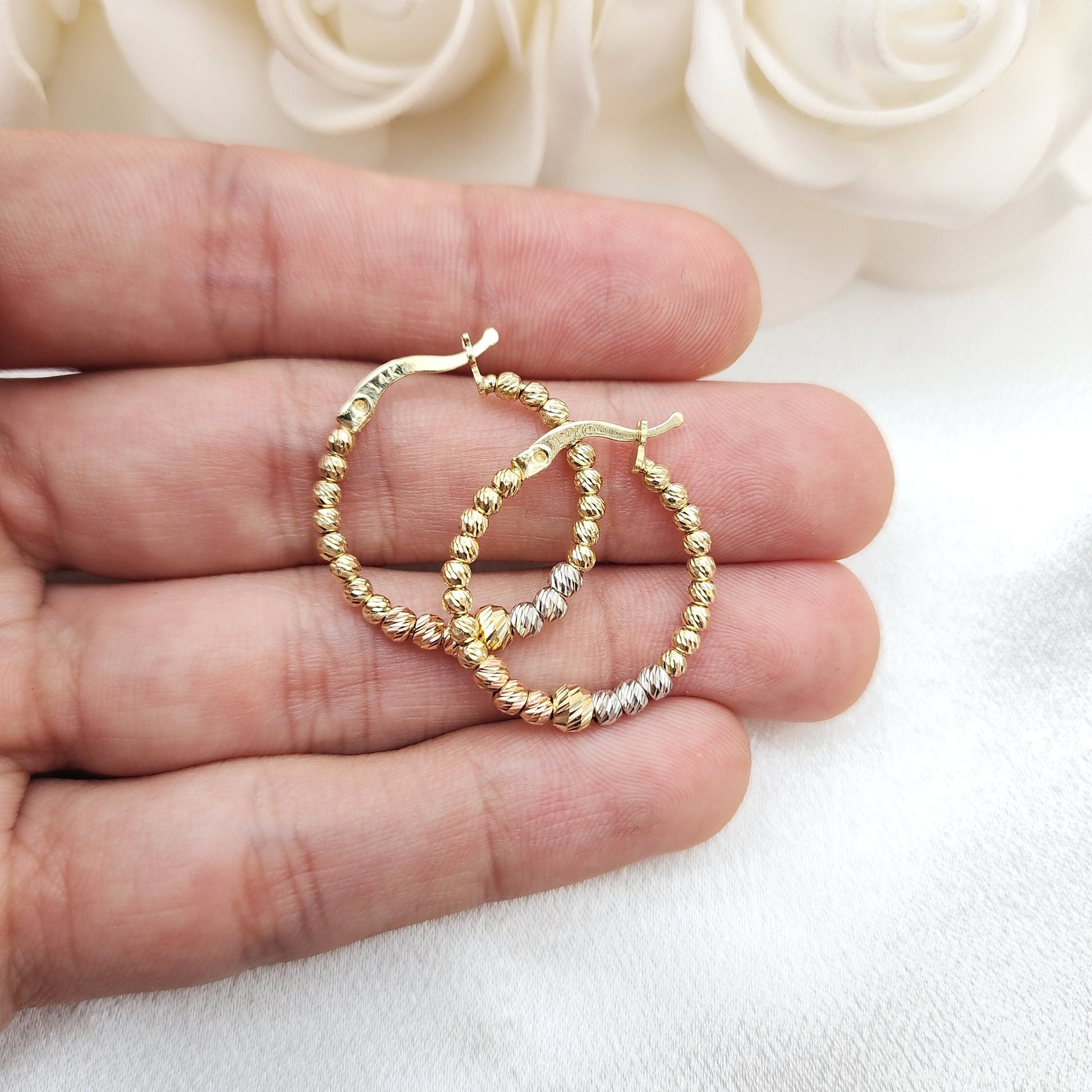 Shiny Solid 14k Tri-color Gold Diamond Cut Beaded Hoop Earrings - 24mm & 21mm - Modern And Unique 14k Jewelry