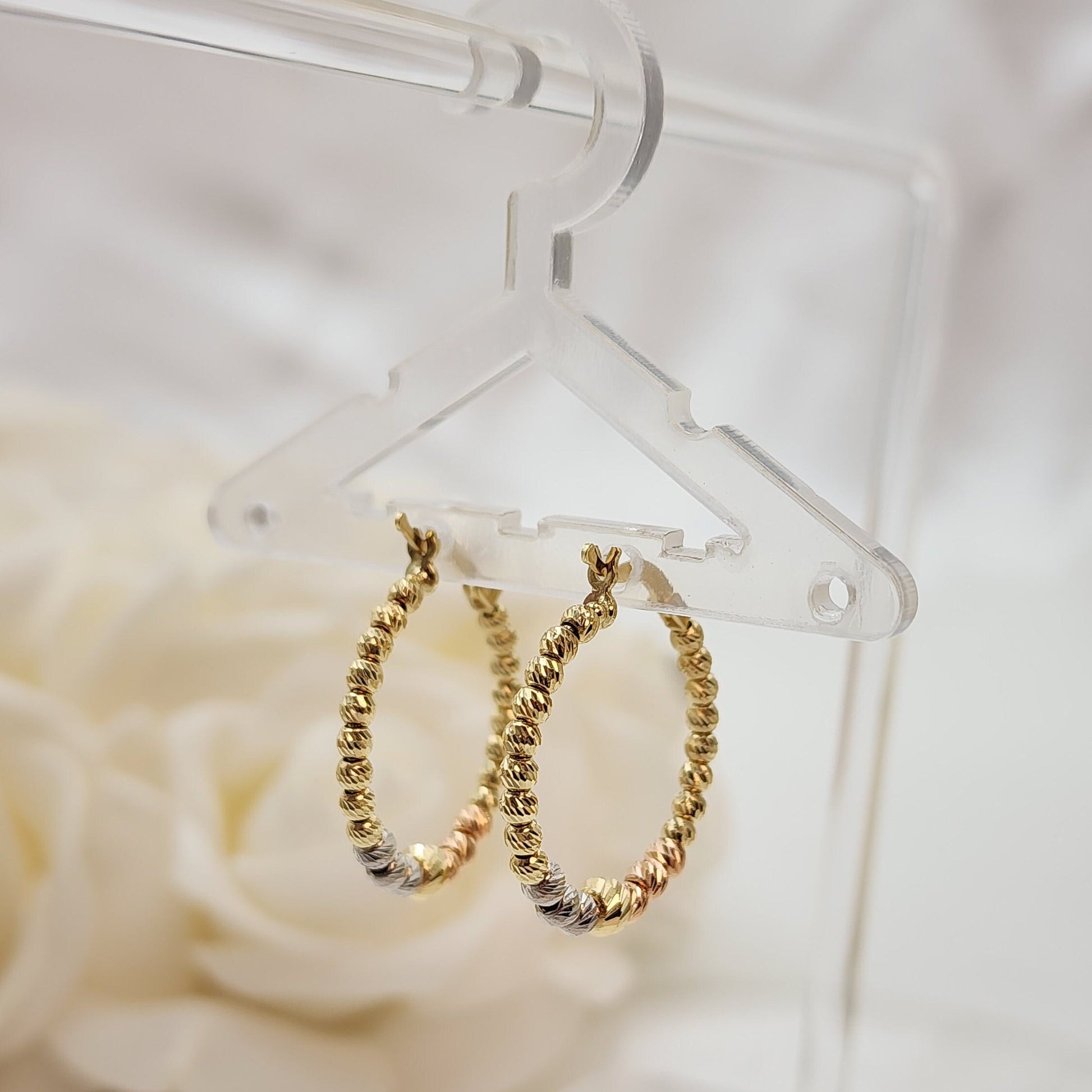 Shiny Solid 14k Tri-color Gold Diamond Cut Beaded Hoop Earrings - 24mm & 21mm - Modern And Unique 14k Jewelry