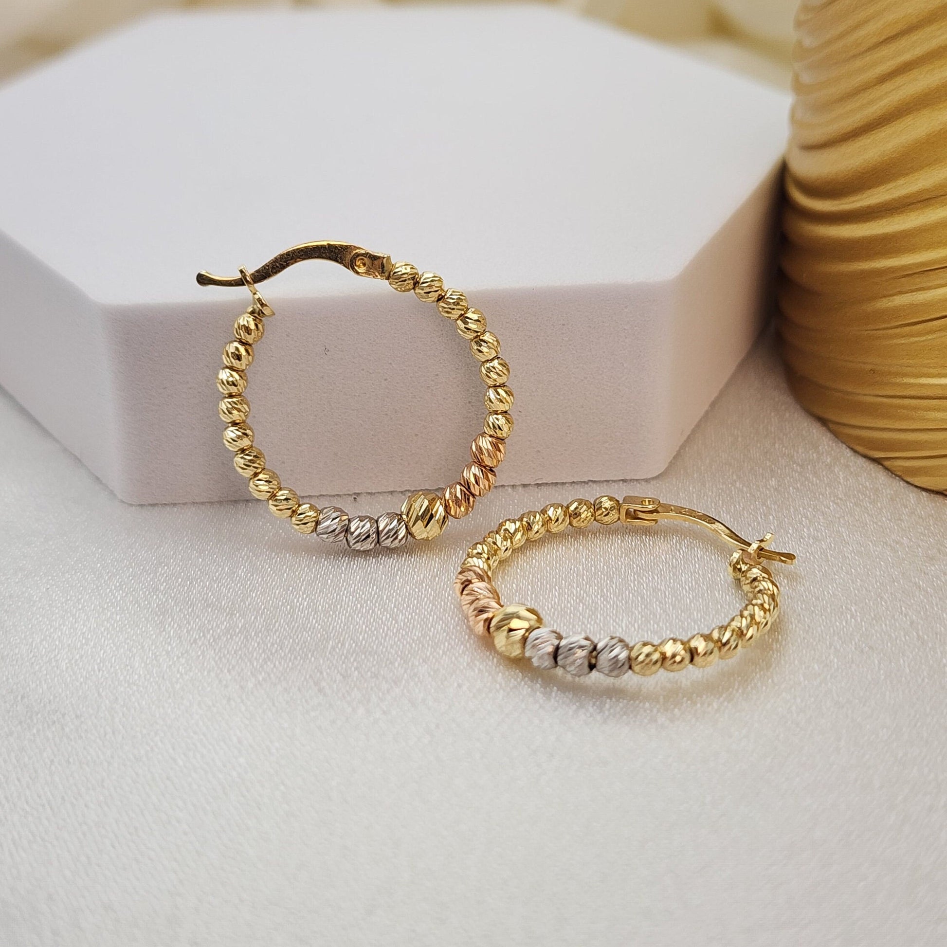 Shiny Solid 14k Tri-color Gold Diamond Cut Beaded Hoop Earrings - 24mm & 21mm - Modern And Unique 14k Jewelry