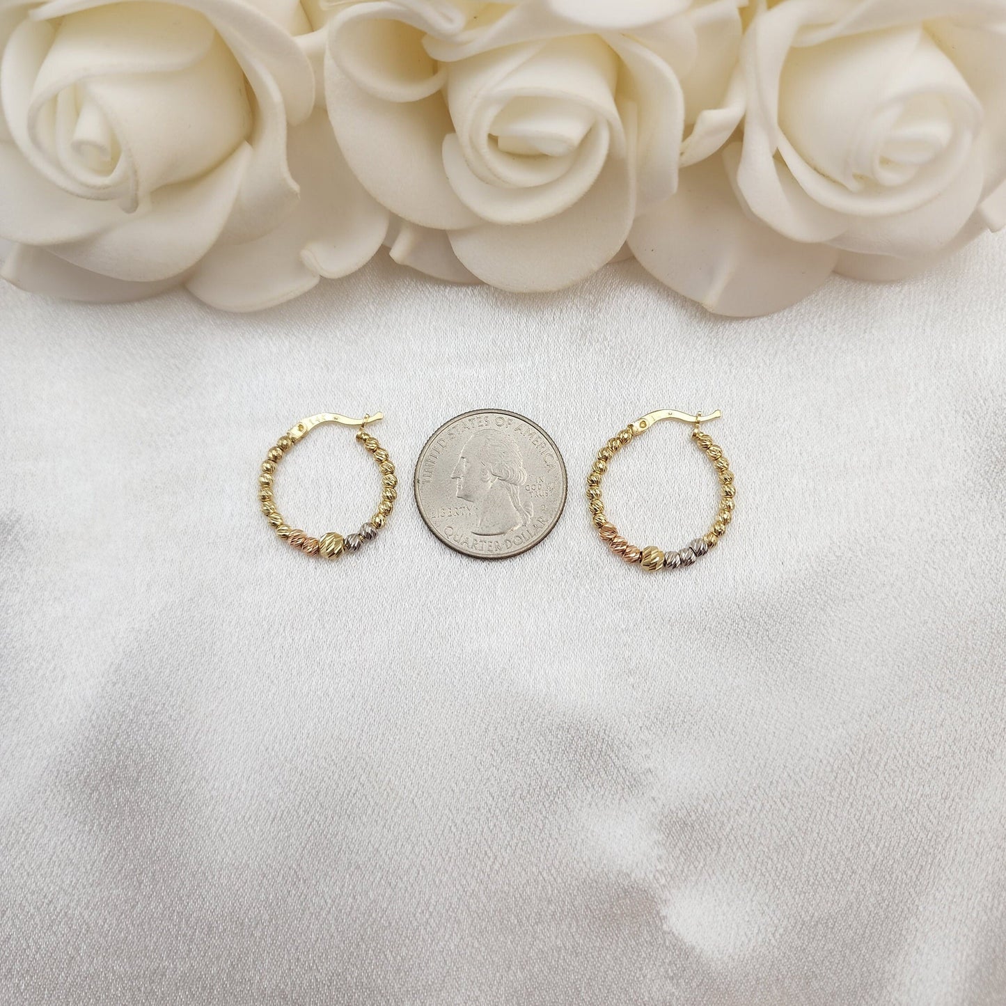 Shiny Solid 14k Tri-color Gold Diamond Cut Beaded Hoop Earrings - 24mm & 21mm - Modern And Unique 14k Jewelry