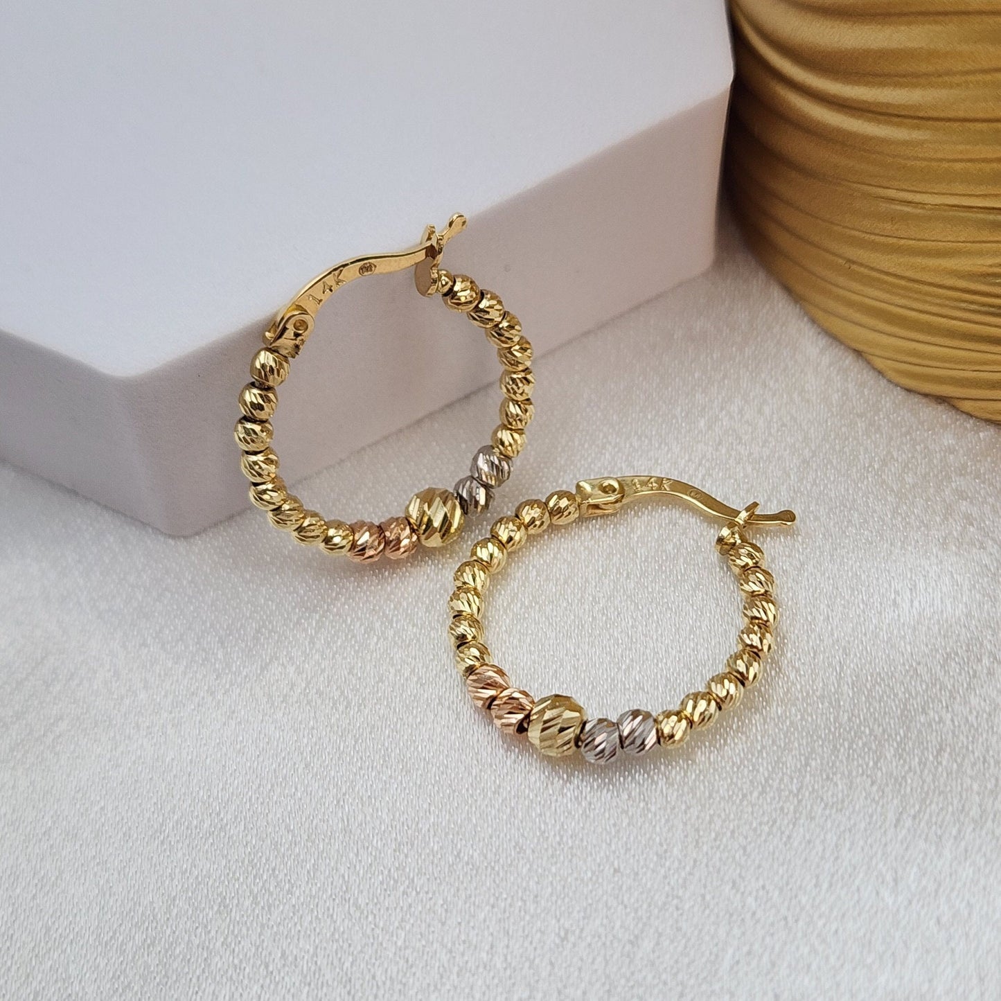 Shiny Solid 14k Tri-color Gold Diamond Cut Beaded Hoop Earrings - 24mm & 21mm - Modern And Unique 14k Jewelry