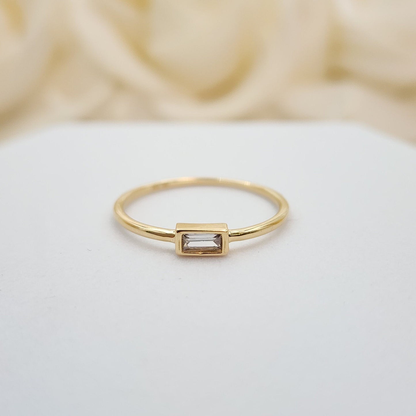 Solid 14k Gold Dainty Baguette CZ Ring - Minimalist Dainty Ring For Her - Elegant & Versatile