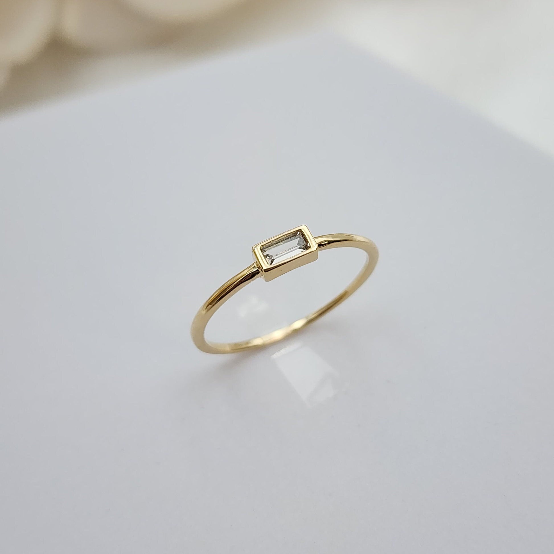 Solid 14k Gold Dainty Baguette CZ Ring - Minimalist Dainty Ring For Her - Elegant & Versatile