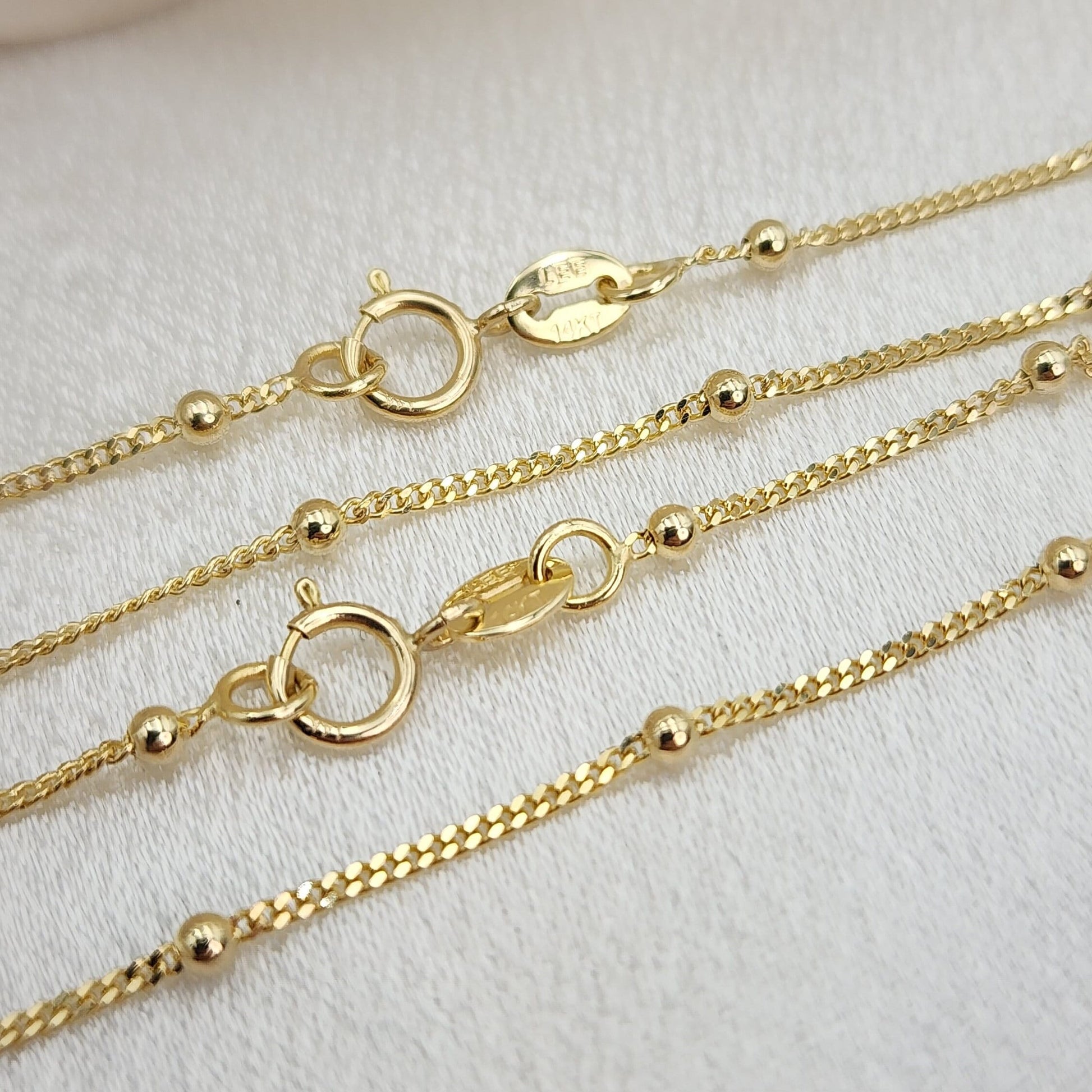 Solid 14k Gold Curb & Bead Necklace - Dainty and sparkling - 14" to 22" Inches - Perfect Gift For Her