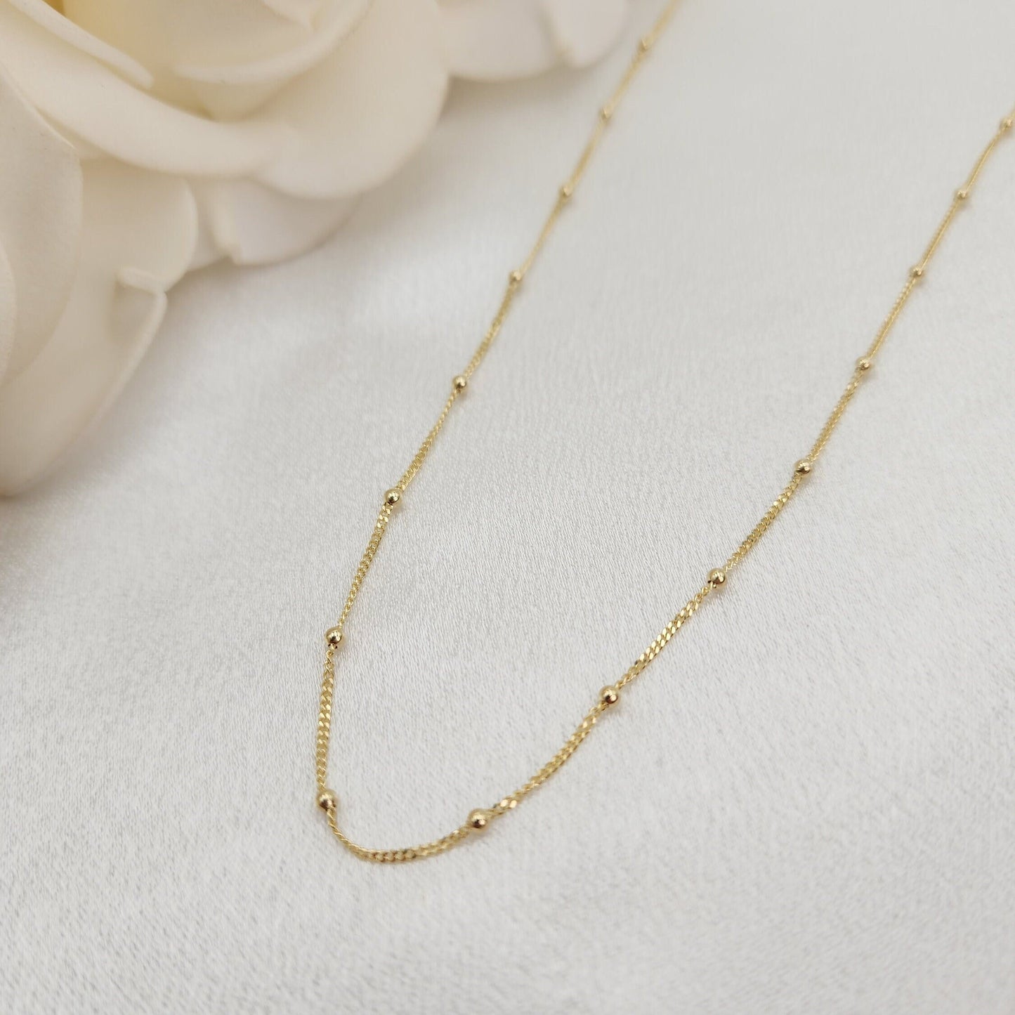 Solid 14k Gold Curb & Bead Necklace - Dainty and sparkling - 14" to 22" Inches - Perfect Gift For Her