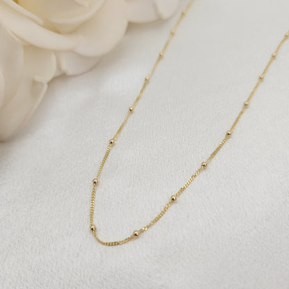 Solid 14k Gold Curb & Bead Necklace - Dainty and sparkling - 14" to 22" Inches - Perfect Gift For Her