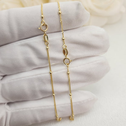 Solid 14k Gold Curb & Bead Necklace - Dainty and sparkling - 14" to 22" Inches - Perfect Gift For Her