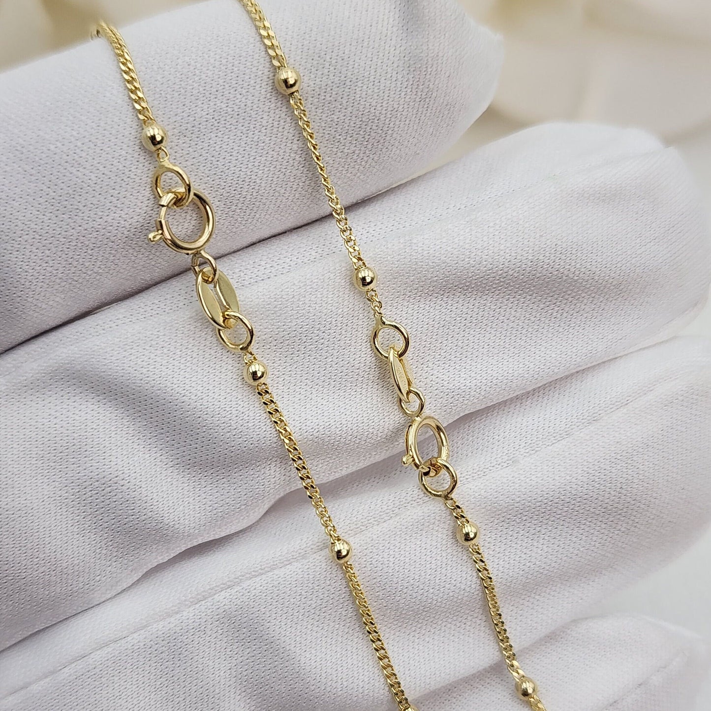 Solid 14k Gold Curb & Bead Necklace - Dainty and sparkling - 14" to 22" Inches - Perfect Gift For Her