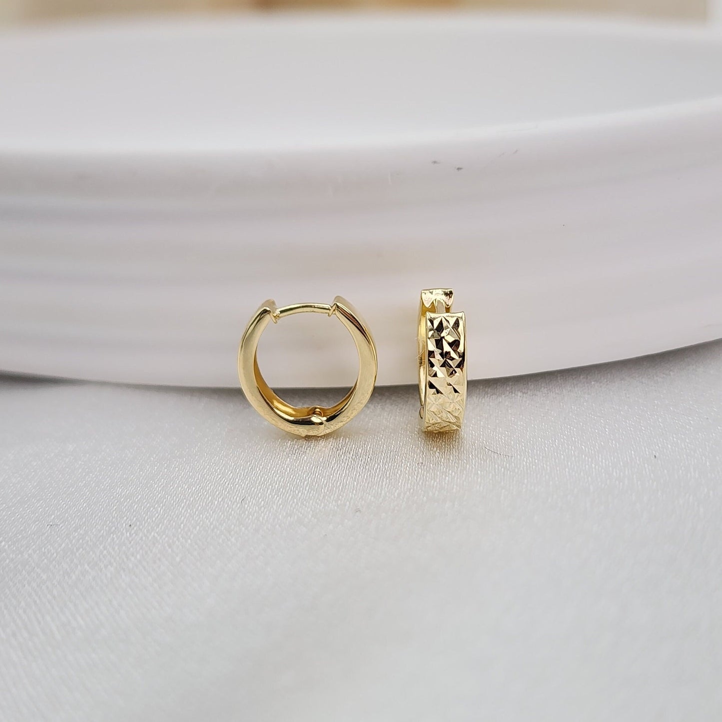 Solid 14k Gold Dainty Diamond Cut Huggie Earrings - 12mm - 3.2mm - Perfect For Her - Versatile & Everlasting