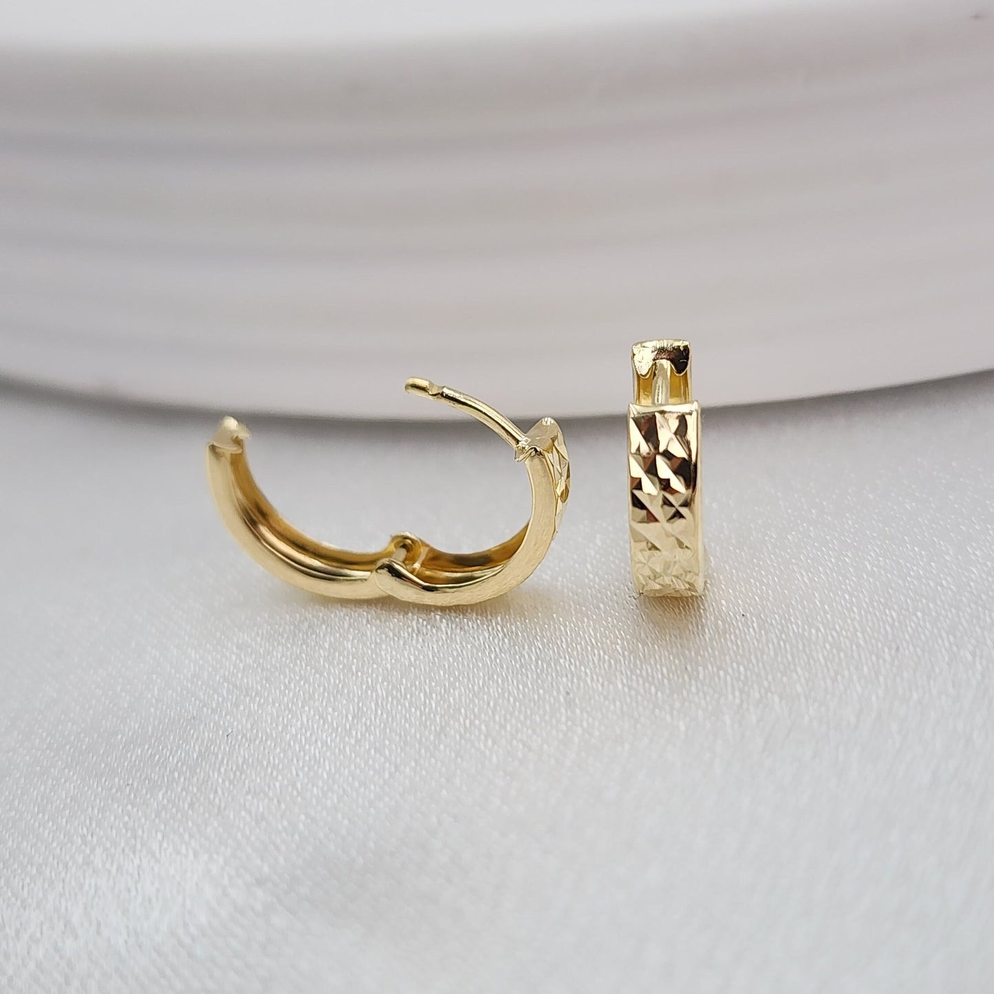 Solid 14k Gold Dainty Diamond Cut Huggie Earrings - 12mm - 3.2mm - Perfect For Her - Versatile & Everlasting