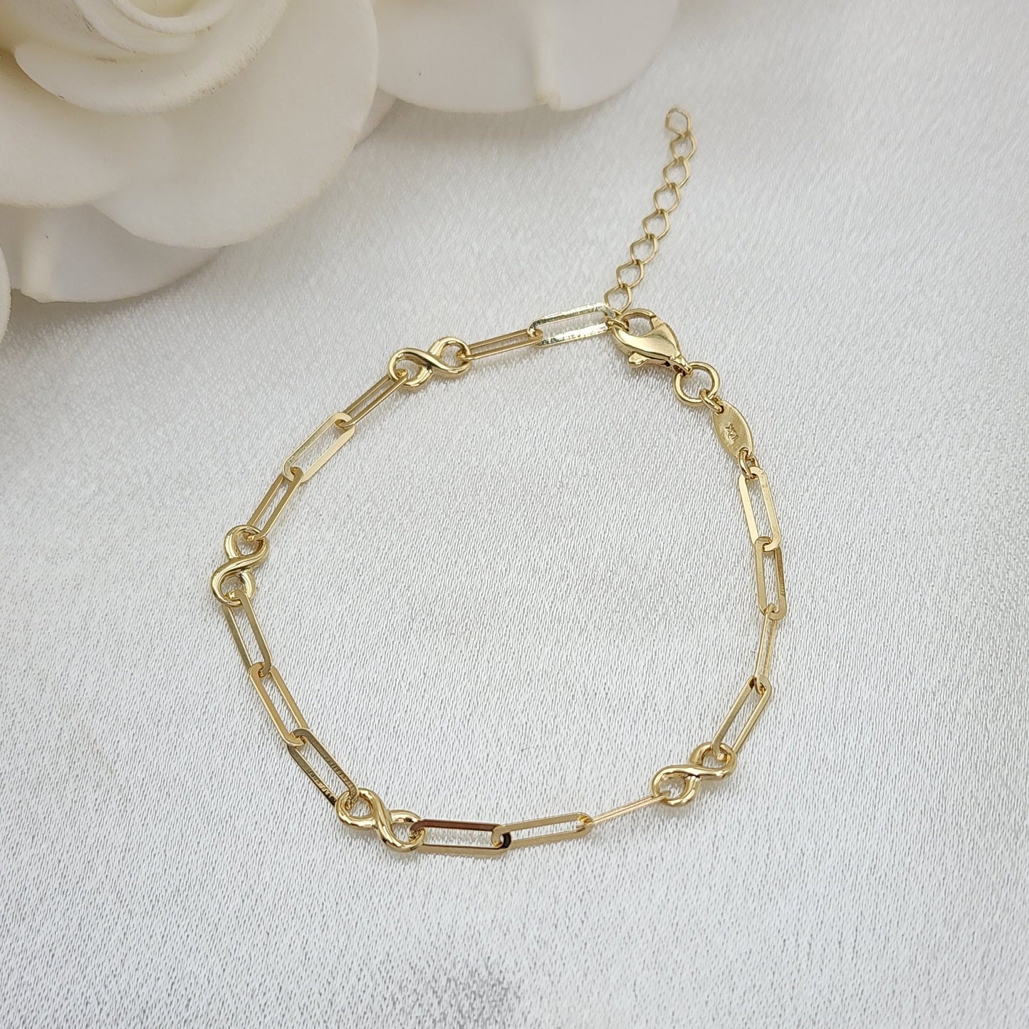 Solid 14k Gold Infinite Paperclip Bracelet - For Girls & Babies - Adjustable - Perfect Gift