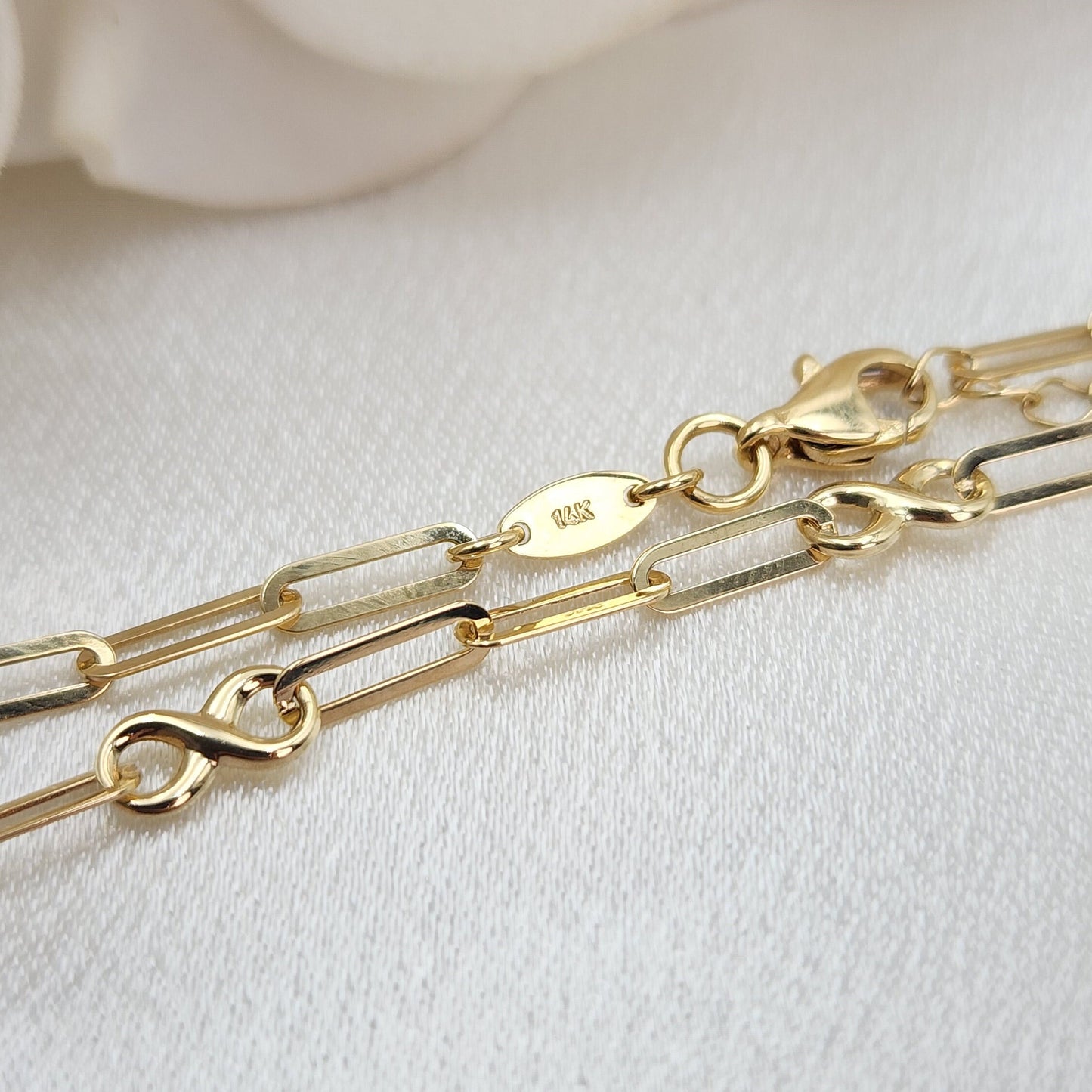 Solid 14k Gold Infinite Paperclip Bracelet - For Girls & Babies - Adjustable - Perfect Gift