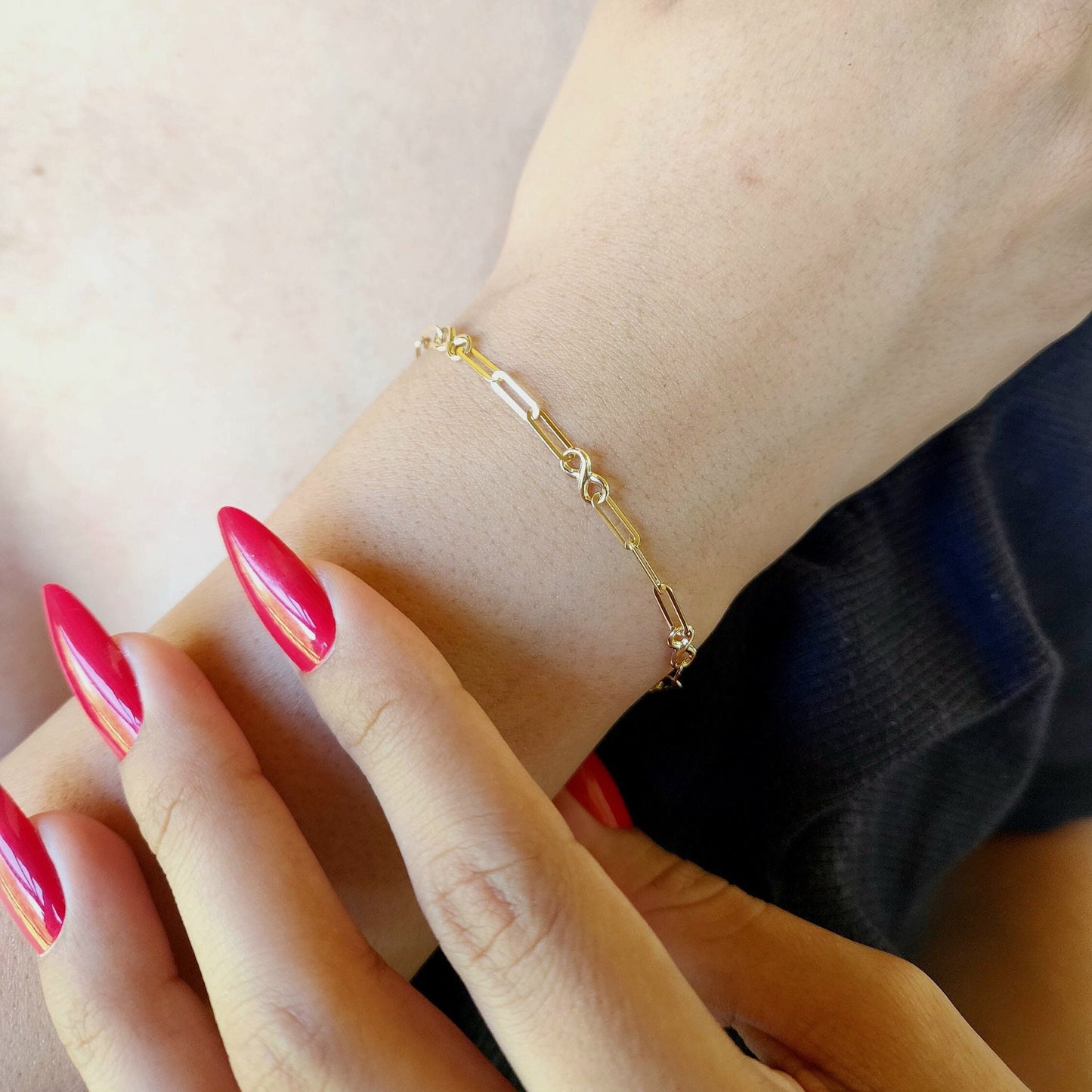 Solid 14k Gold Infinite Paperclip Bracelet - For Girls & Babies - Adjustable - Perfect Gift