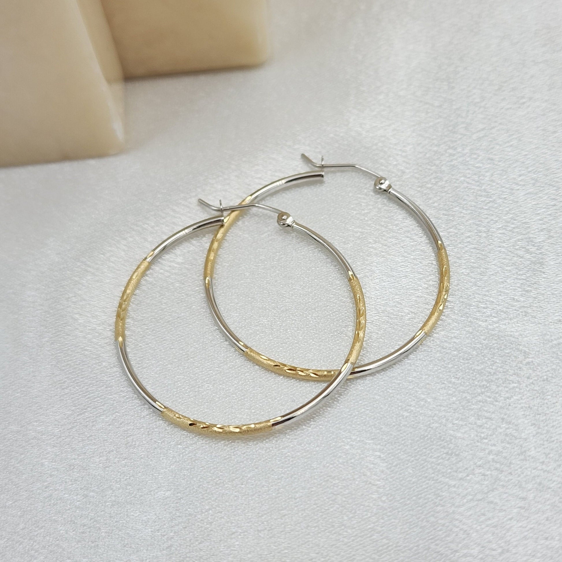 14k Gold 2 Tones 1.5MM Hoop Earrings - 35MM - Light & Elegant - Perfect For Her