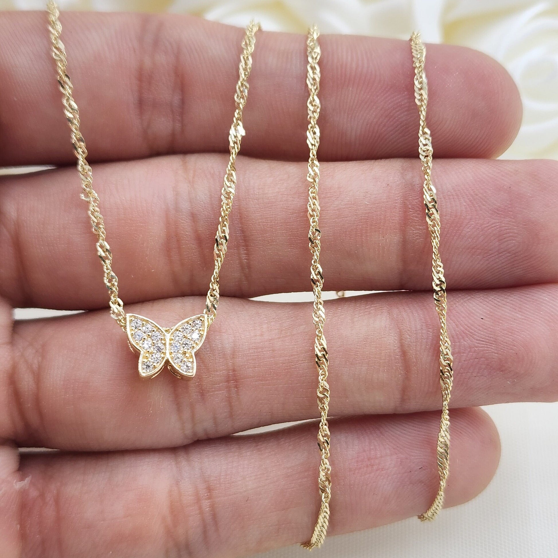 Adorable 14K Gold Butterfly CZ Necklace - 16" to 24" - 1.5MM - Fine Jewelry