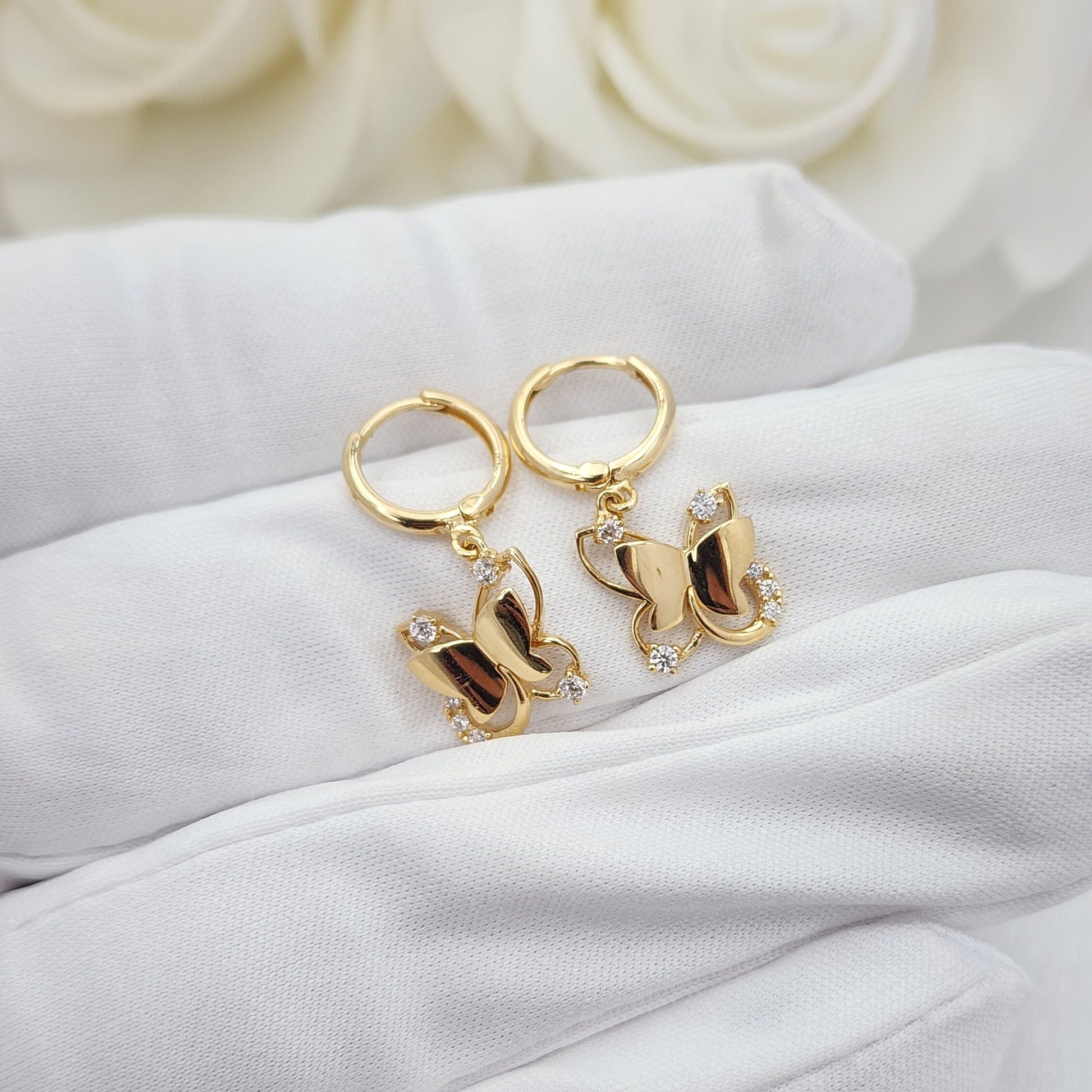 Solid 14k Gold Hanging Butterfly Huggies Earrings - Adorable & Everlasting - Perfect Gift For Her - 10mm hoop