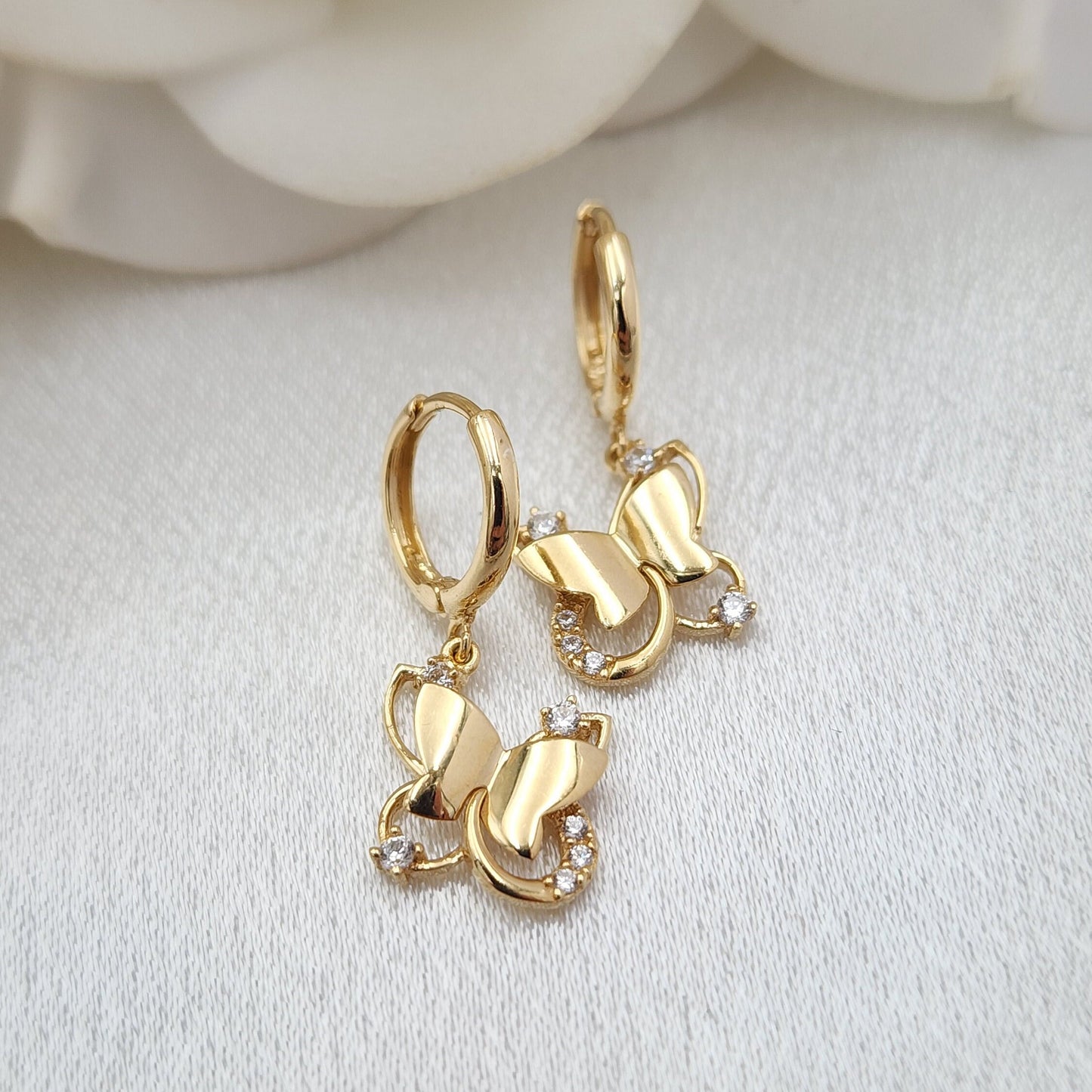 Solid 14k Gold Hanging Butterfly Huggies Earrings - Adorable & Everlasting - Perfect Gift For Her - 10mm hoop