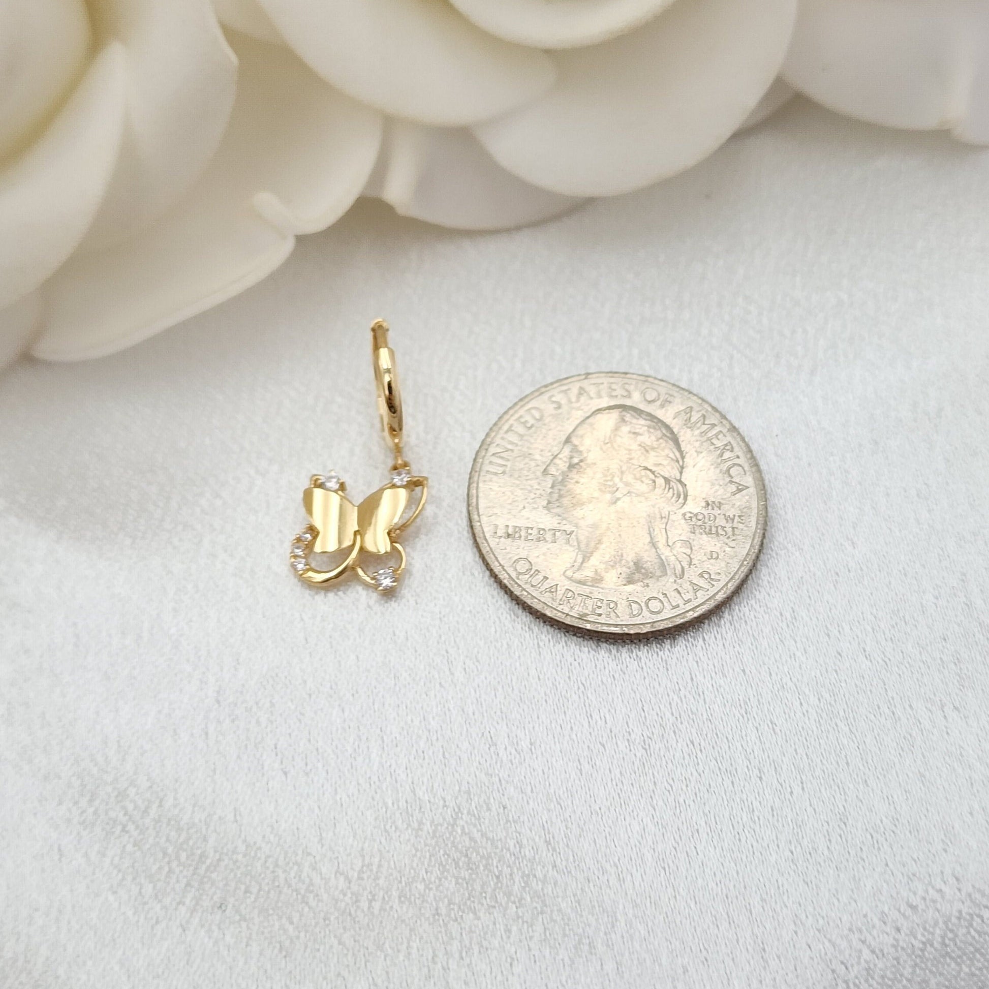 Solid 14k Gold Hanging Butterfly Huggies Earrings - Adorable & Everlasting - Perfect Gift For Her - 10mm hoop