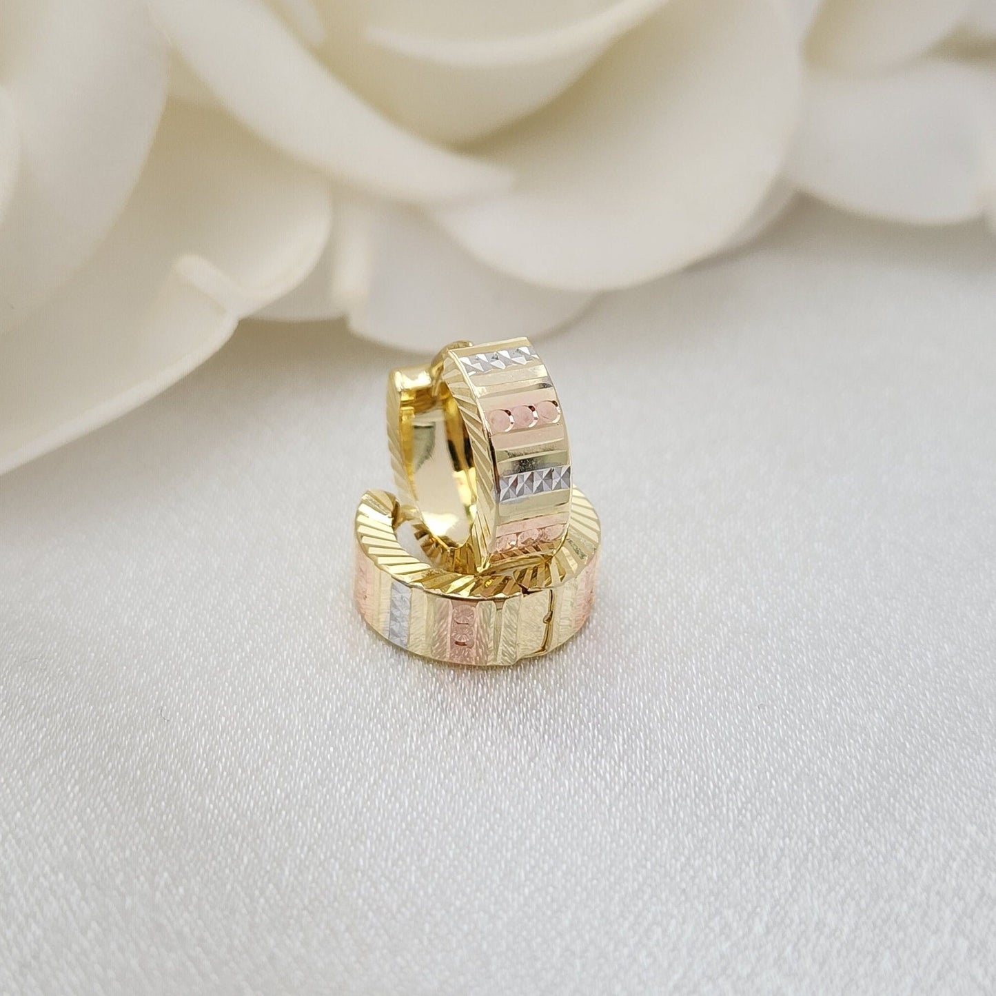 Solid 14k Gold Tricolor Diamond Cut Huggie Earrings - 14mm - 5mm Thick - Shiny - Perfect for Girls and women