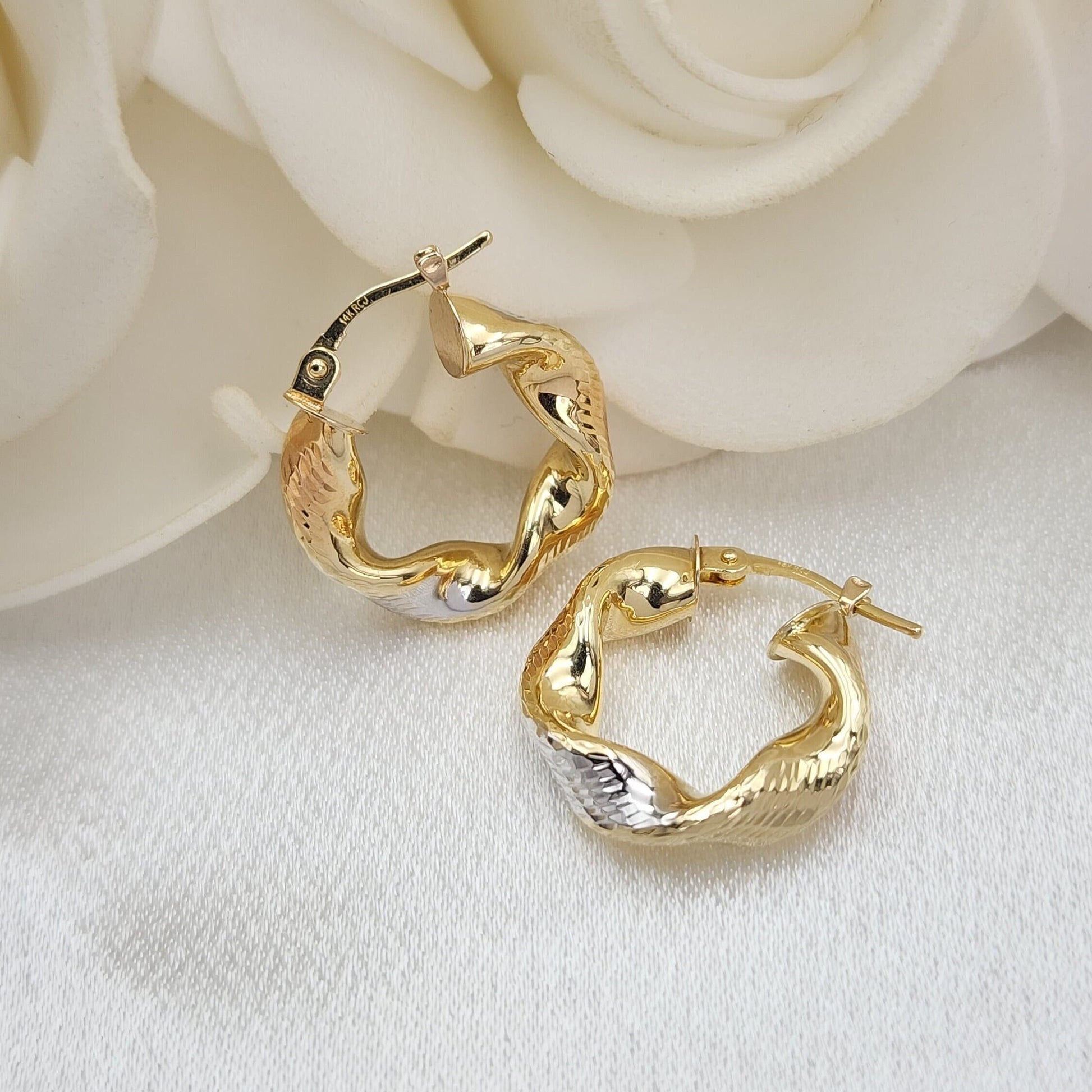 Chunky 14k Tricolor Small Twisted Hoops Earrings - 5mm Thick - 18.5mm - Elegant & Versatile