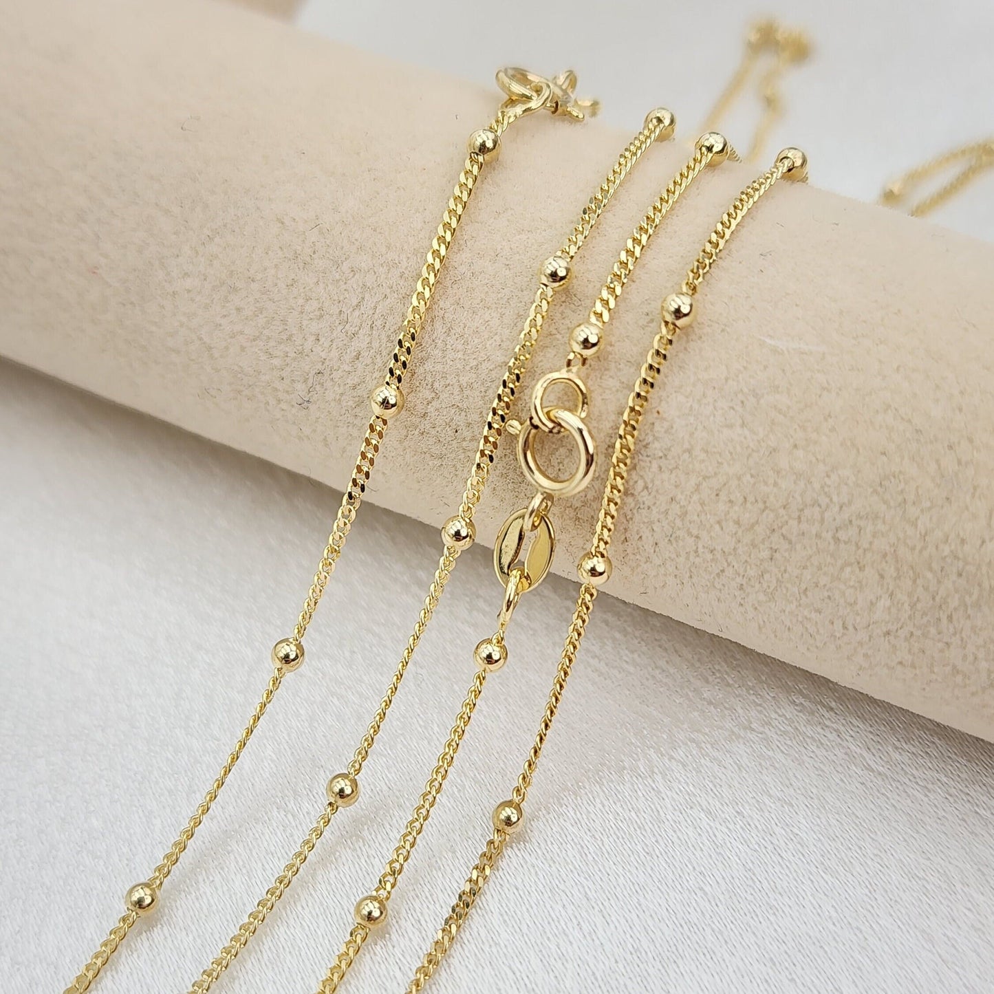 Solid 14k Gold Curb & Bead Necklace - Dainty and sparkling - 14" to 22" Inches - Perfect Gift For Her