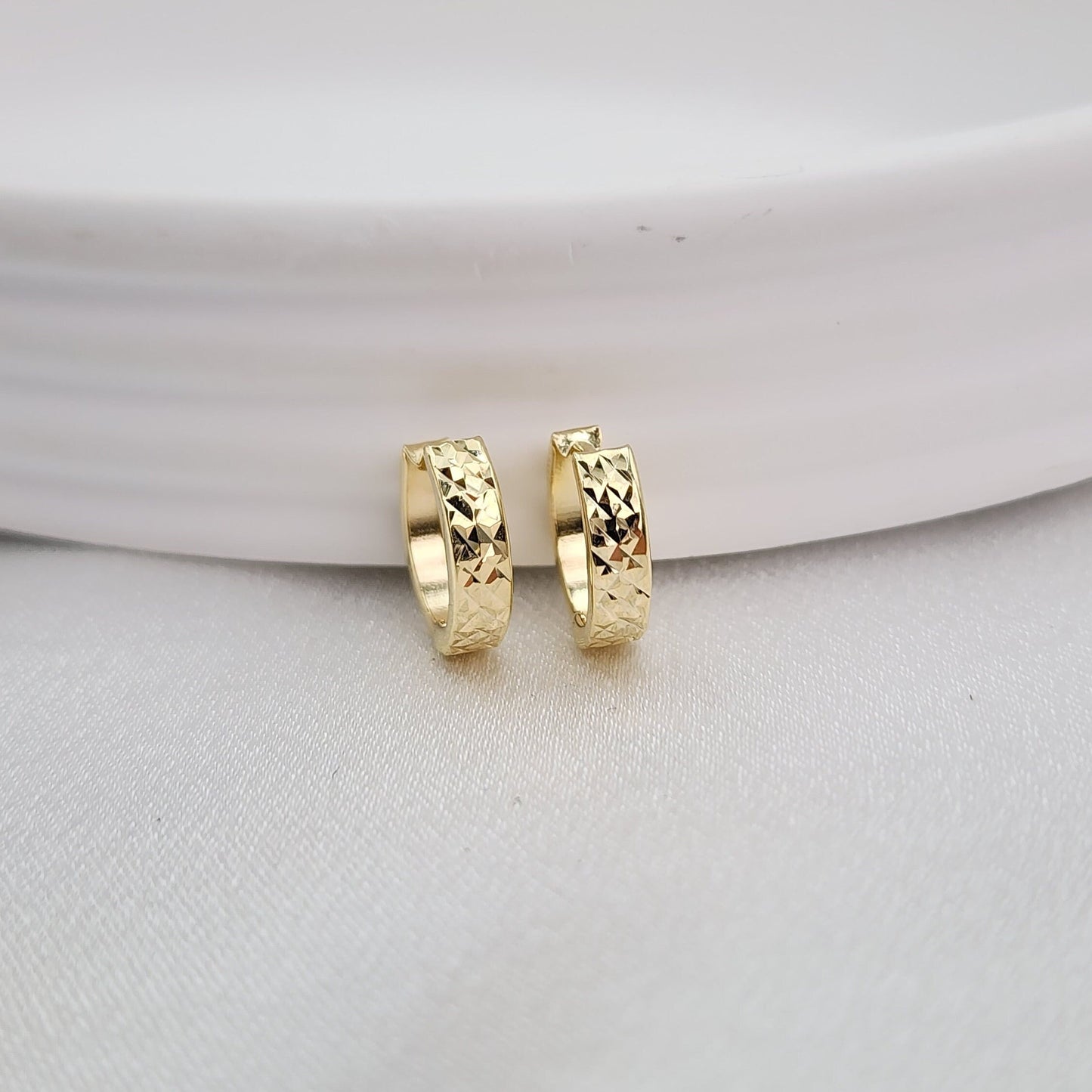 Solid 14k Gold Dainty Diamond Cut Huggie Earrings - 12mm - 3.2mm - Perfect For Her - Versatile & Everlasting