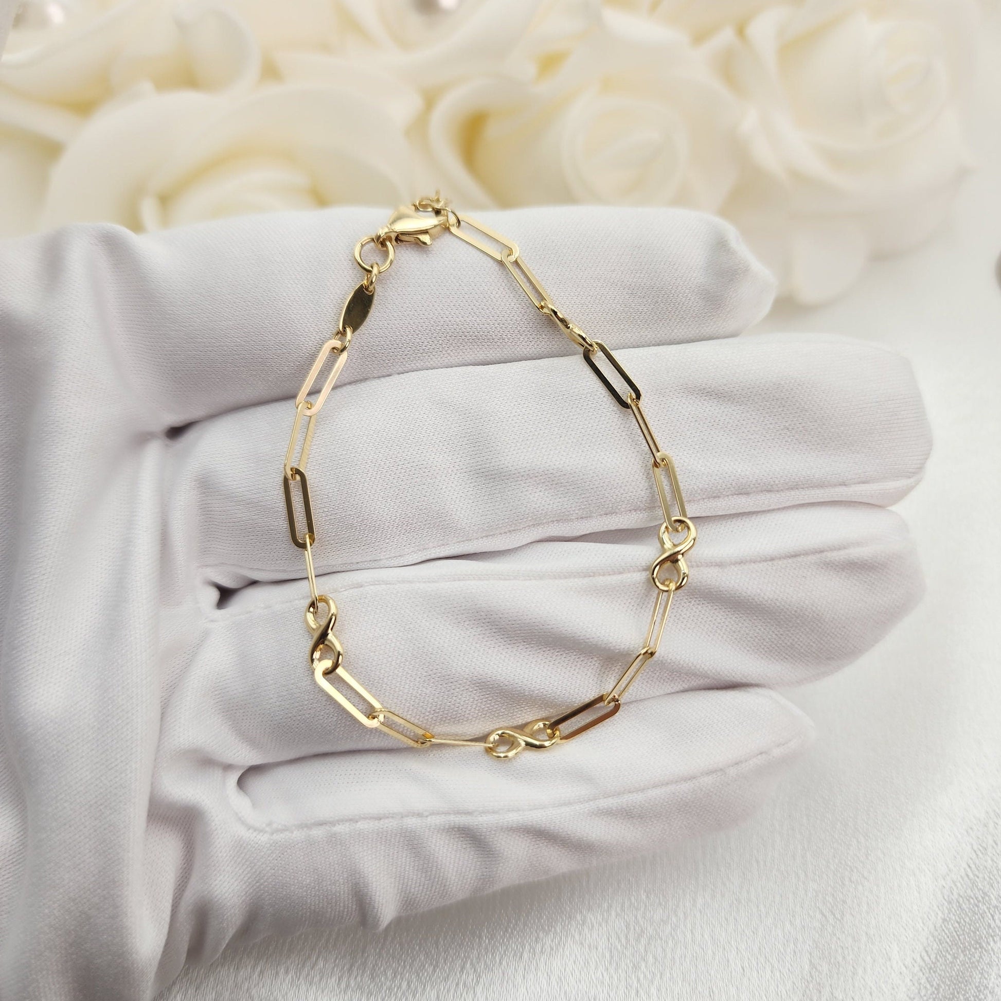 Solid 14k Gold Infinite Paperclip Bracelet - For Girls & Babies - Adjustable - Perfect Gift