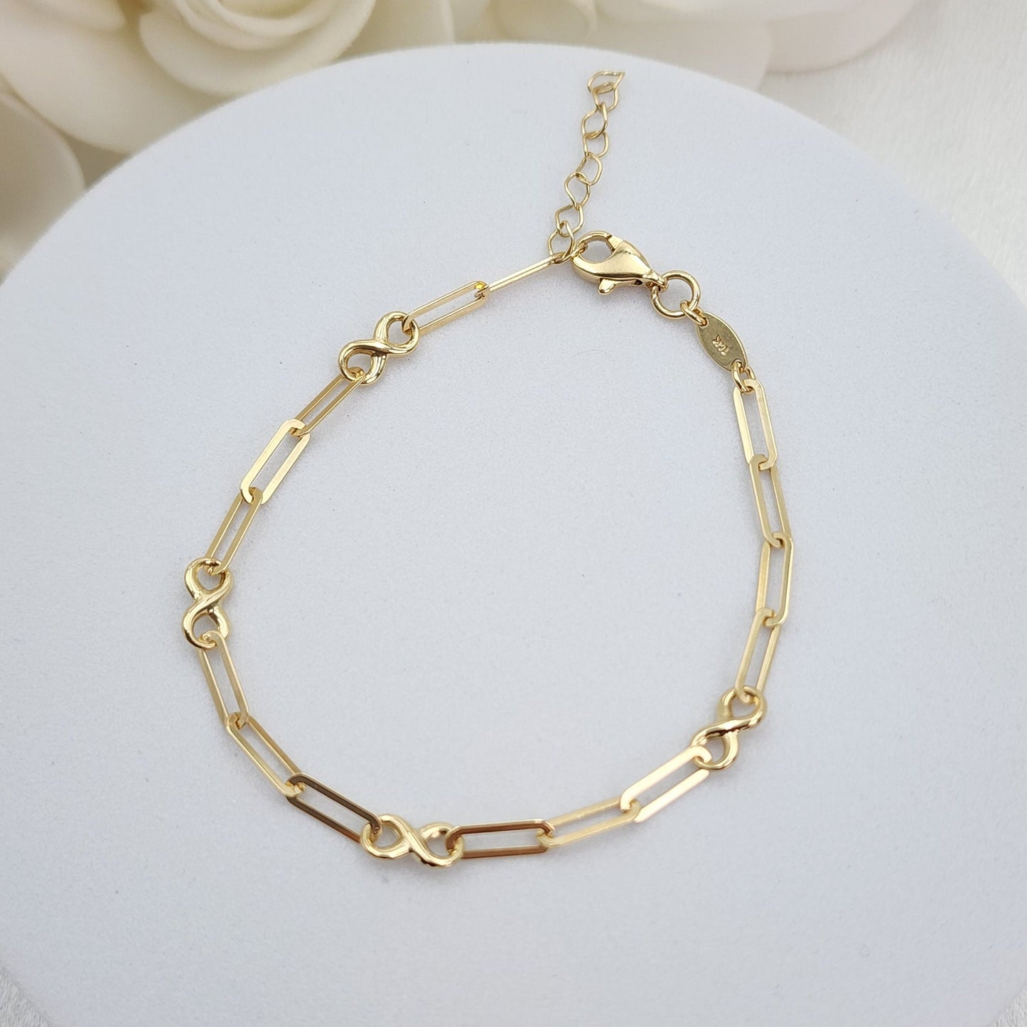 Solid 14k Gold Infinite Paperclip Bracelet - For Girls & Babies - Adjustable - Perfect Gift