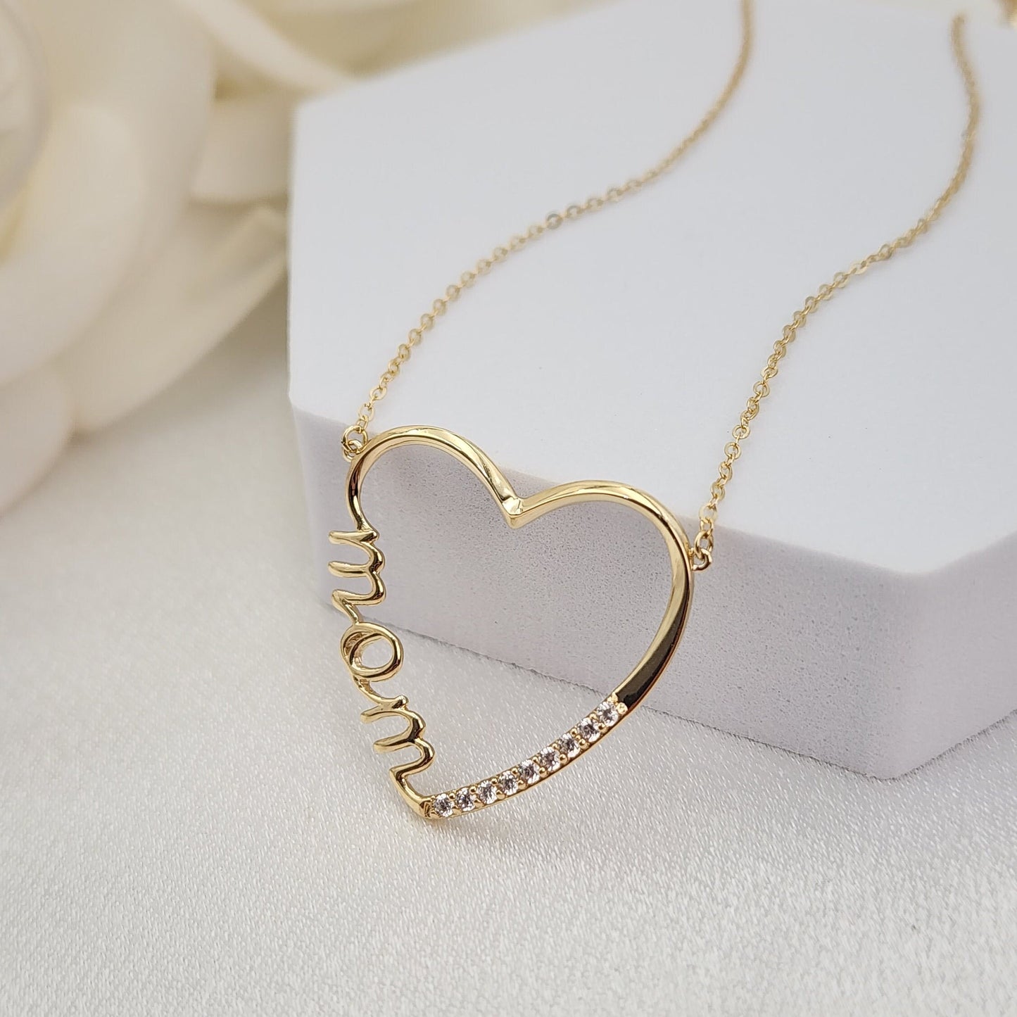 Solid 14k Gold Large Mom Charm Necklace - Cursive mom necklace - 18 inches - Adjustable - Perfect Gift For Her