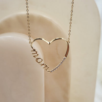 Solid 14k Gold Large Mom Charm Necklace - Cursive mom necklace - 18 inches - Adjustable - Perfect Gift For Her