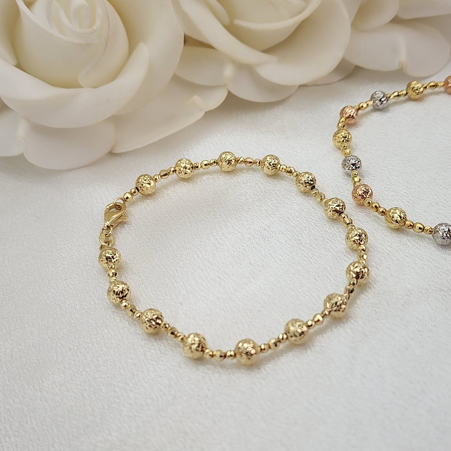 REAL 14k Tricolor/Yellow Gold Bead Diamond Cut Bracelet - 7.5 Inches - 5mm - Perfect Gift