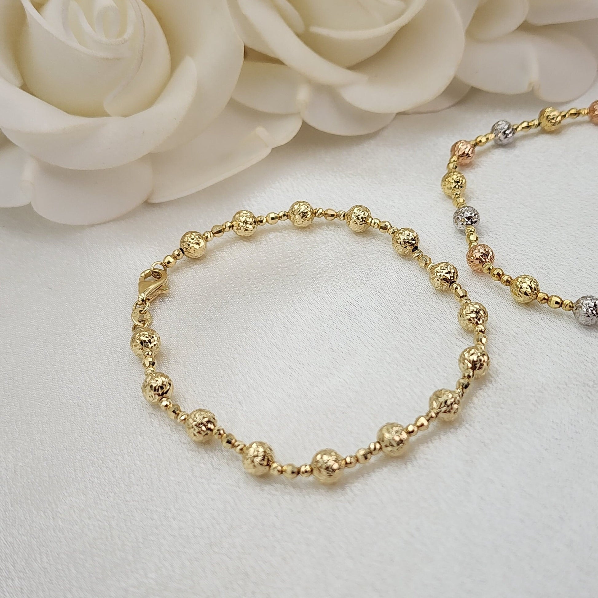 REAL 14k Tricolor/Yellow Gold Bead Diamond Cut Bracelet - 7.5 Inches - 5mm - Perfect Gift