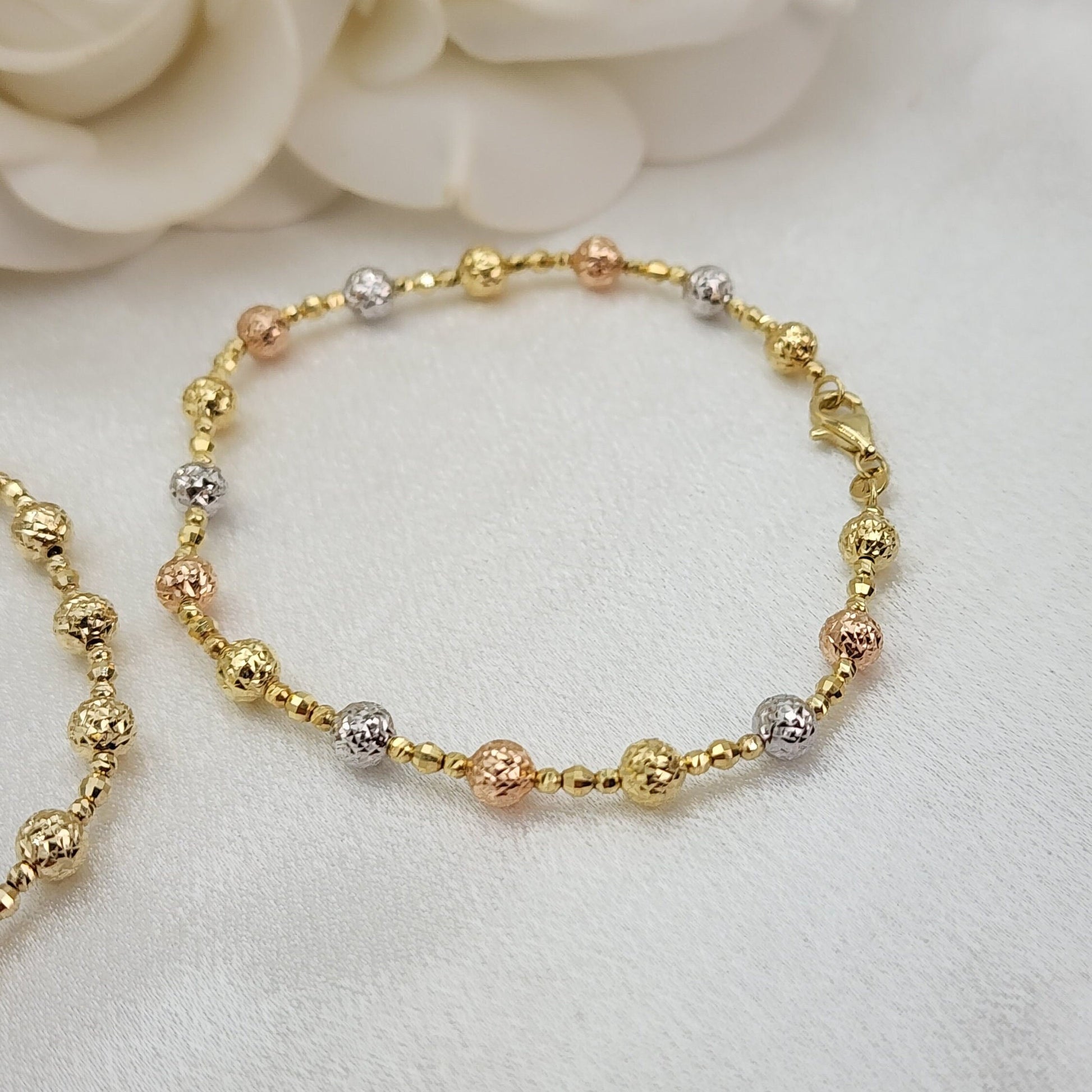 REAL 14k Tricolor/Yellow Gold Bead Diamond Cut Bracelet - 7.5 Inches - 5mm - Perfect Gift