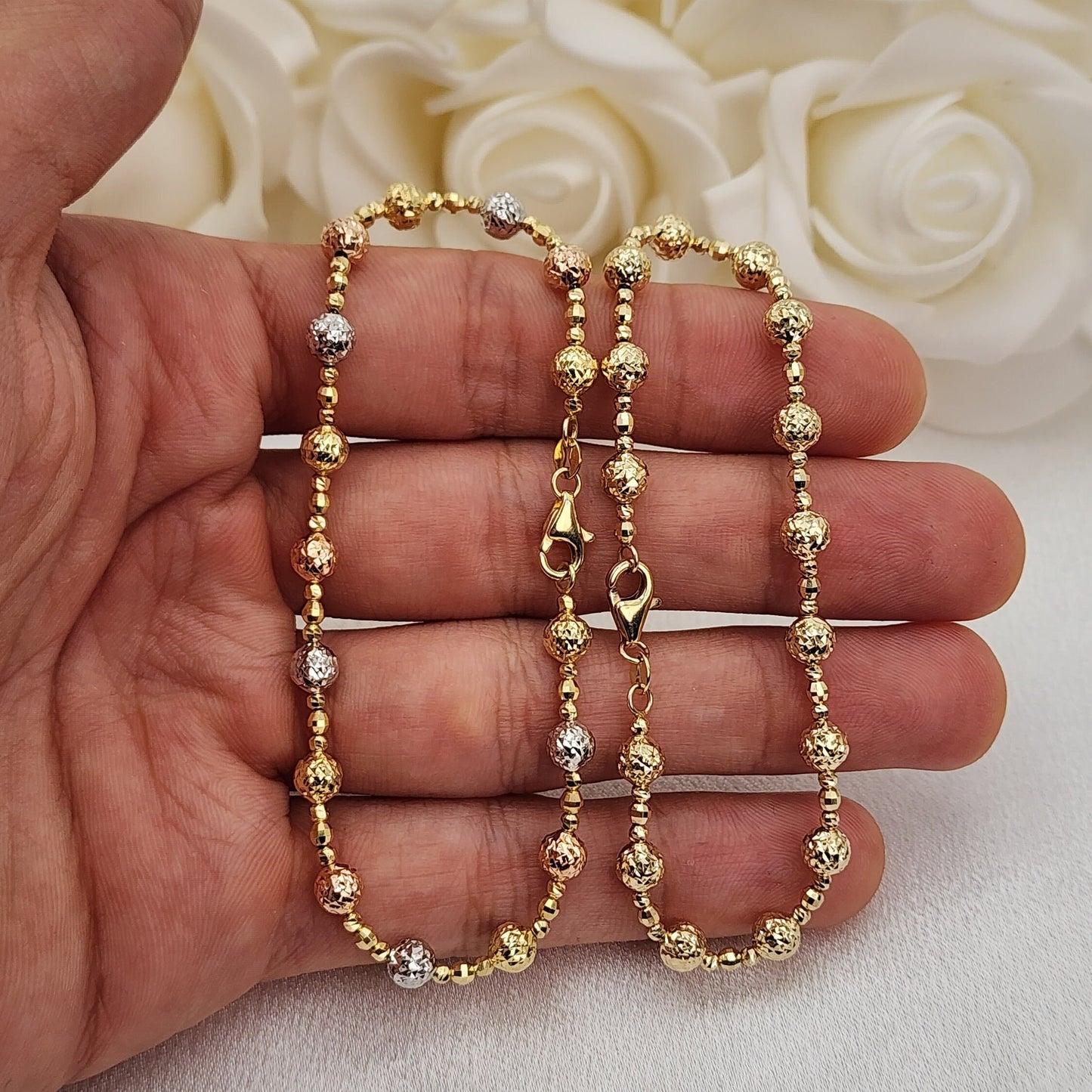 REAL 14k Tricolor/Yellow Gold Bead Diamond Cut Bracelet - 7.5 Inches - 5mm - Perfect Gift