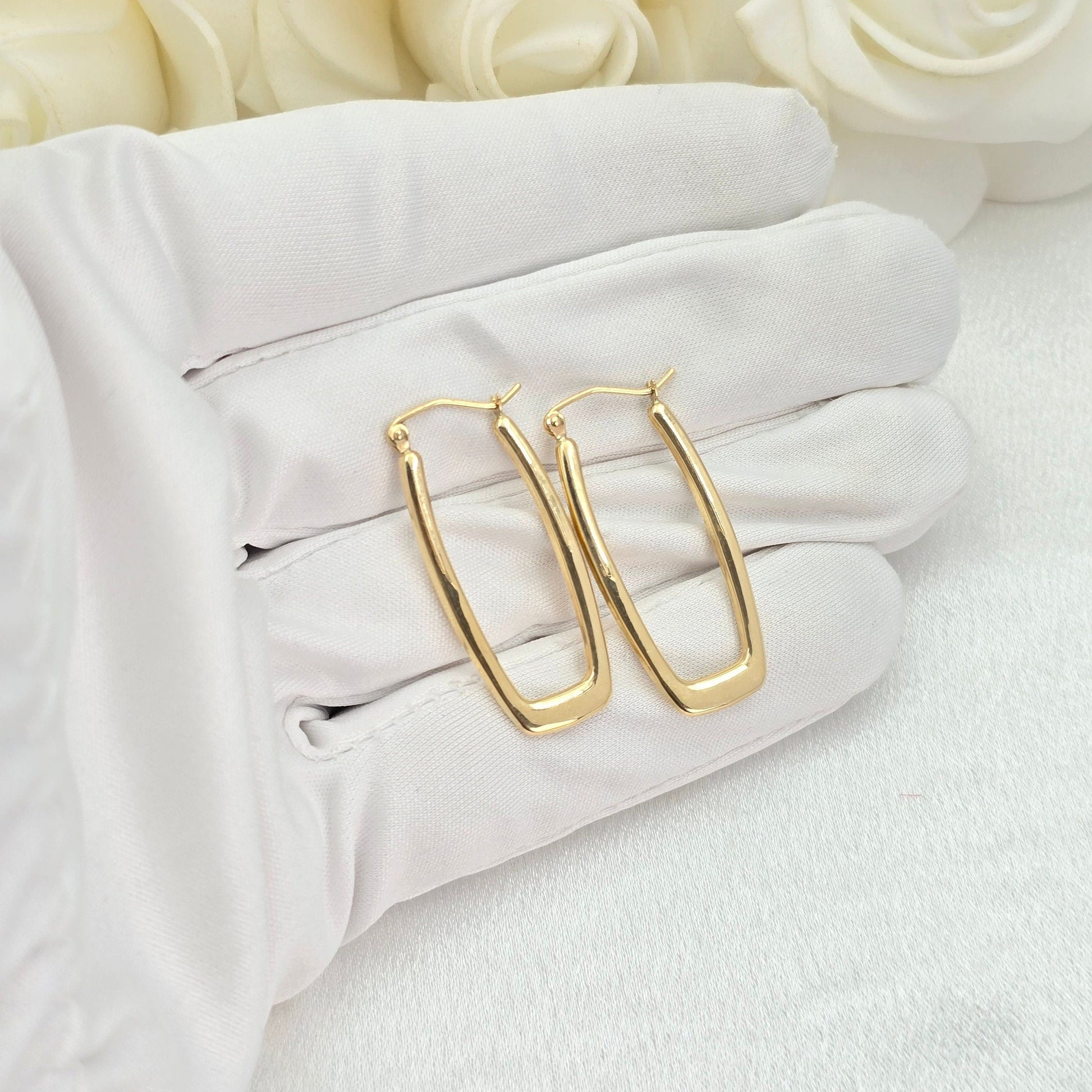 Beautiful 14k Gold Polished Rectangle Earrings - Modern & Lightweight - Perfect For Her