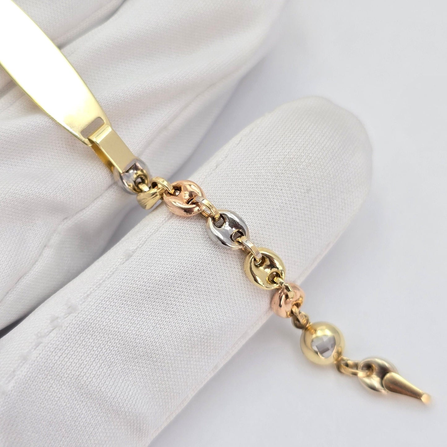 14K Tricolo Gold ID Puffed Mariner Baby Bracelet - 6 Inches - 4.2mm