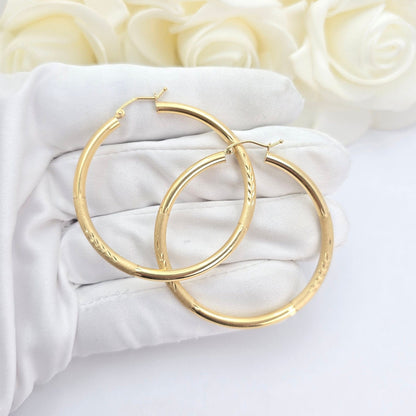 Thick 14K Gold Engraved Hoop Earrings- 45mm - 3mm Thick - Beautiful and Elegant - For Her